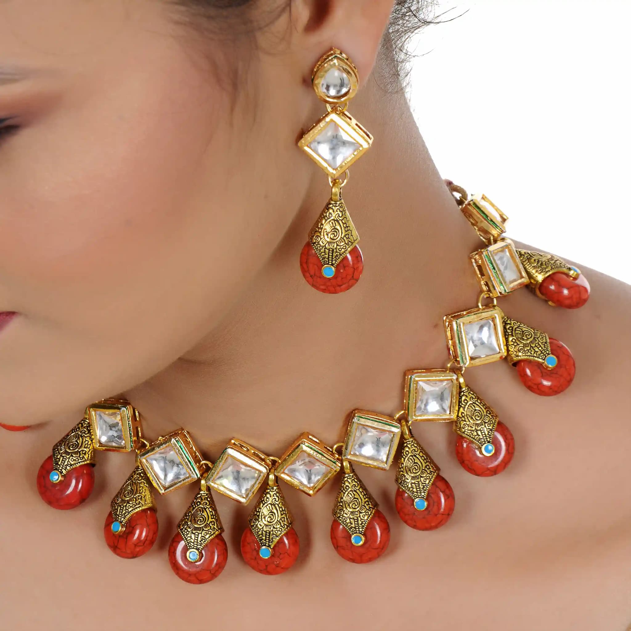 Gold Plated(18k) Big Square Stone Necklace With Earrings - Red