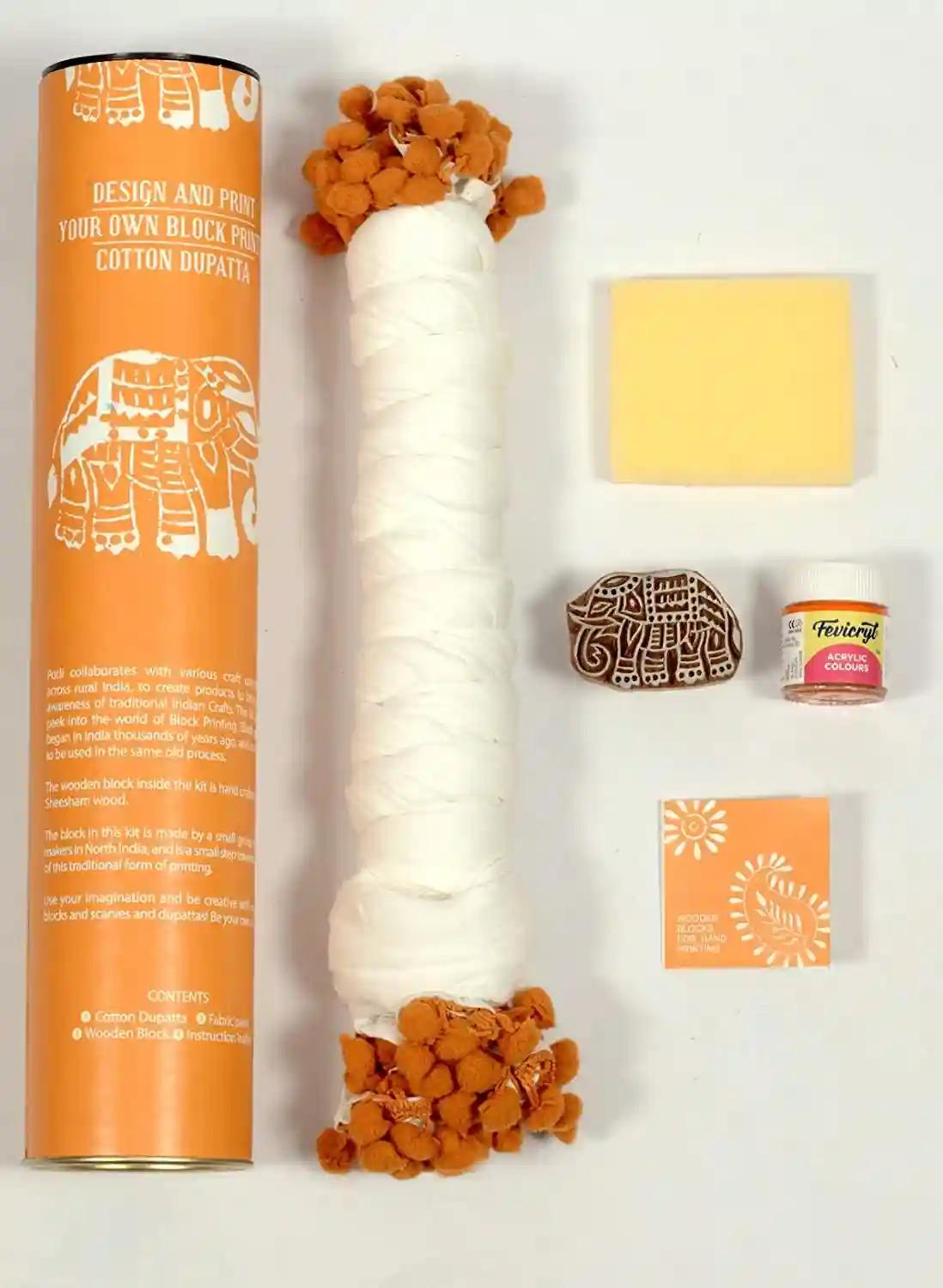 Handmade Orange Elephant Design Wooden Block Print DIY Craft Kit For Dupatta