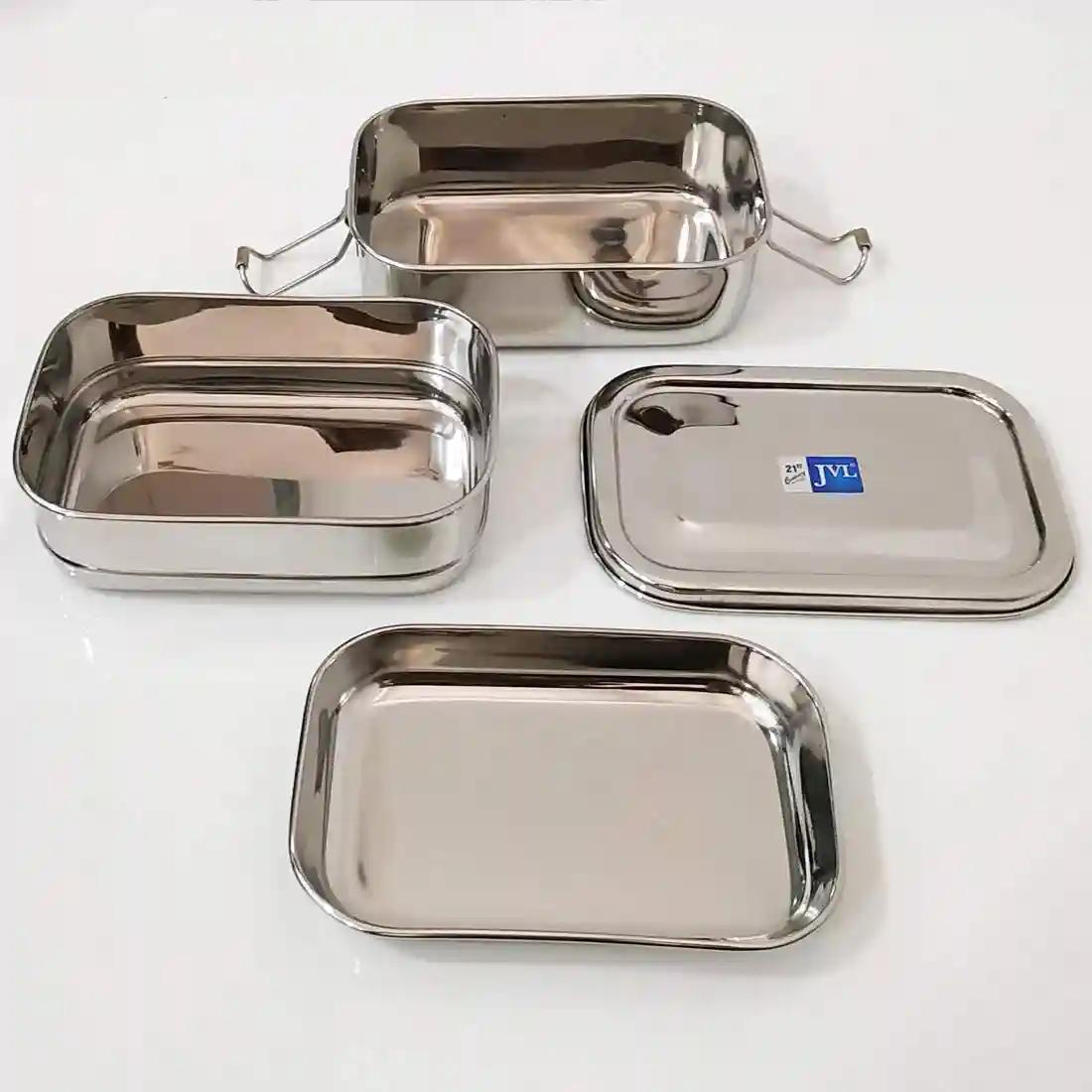 Jvl Stainless Steel Rectangular Shape Double Layer Lunch Box With Inner Plate & Small Triangle Shape Lunch Box With Mini Container Not Leak Proof - Pack Of 2