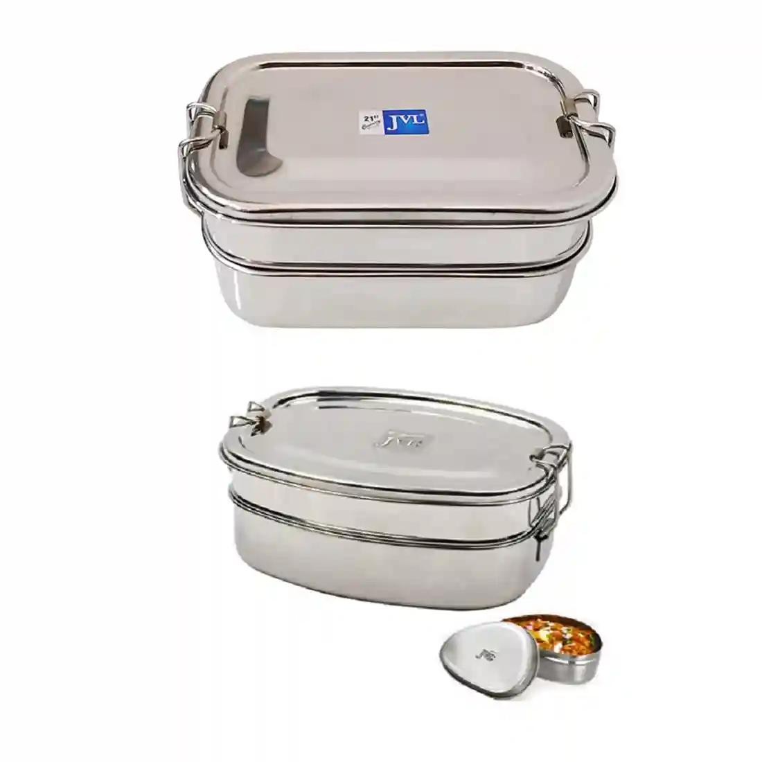 Jvl Stainless Steel Rectangular Shape Double Layer Lunch Box With Inner Plate & Small Deluxe Lunch Box With Mini Container Not Leak Proof - Pack Of 2