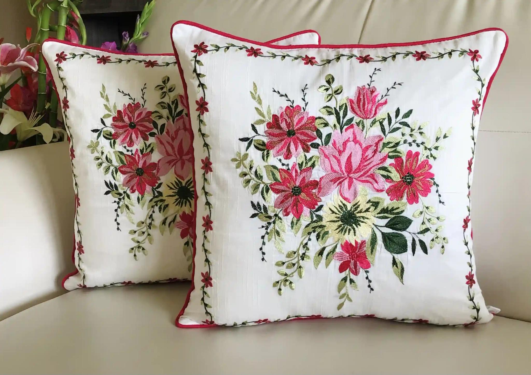 My Fairy Lady- Embroidered Cotton Silk Cushion Covers- Set of 2- Fuchsia Pink
