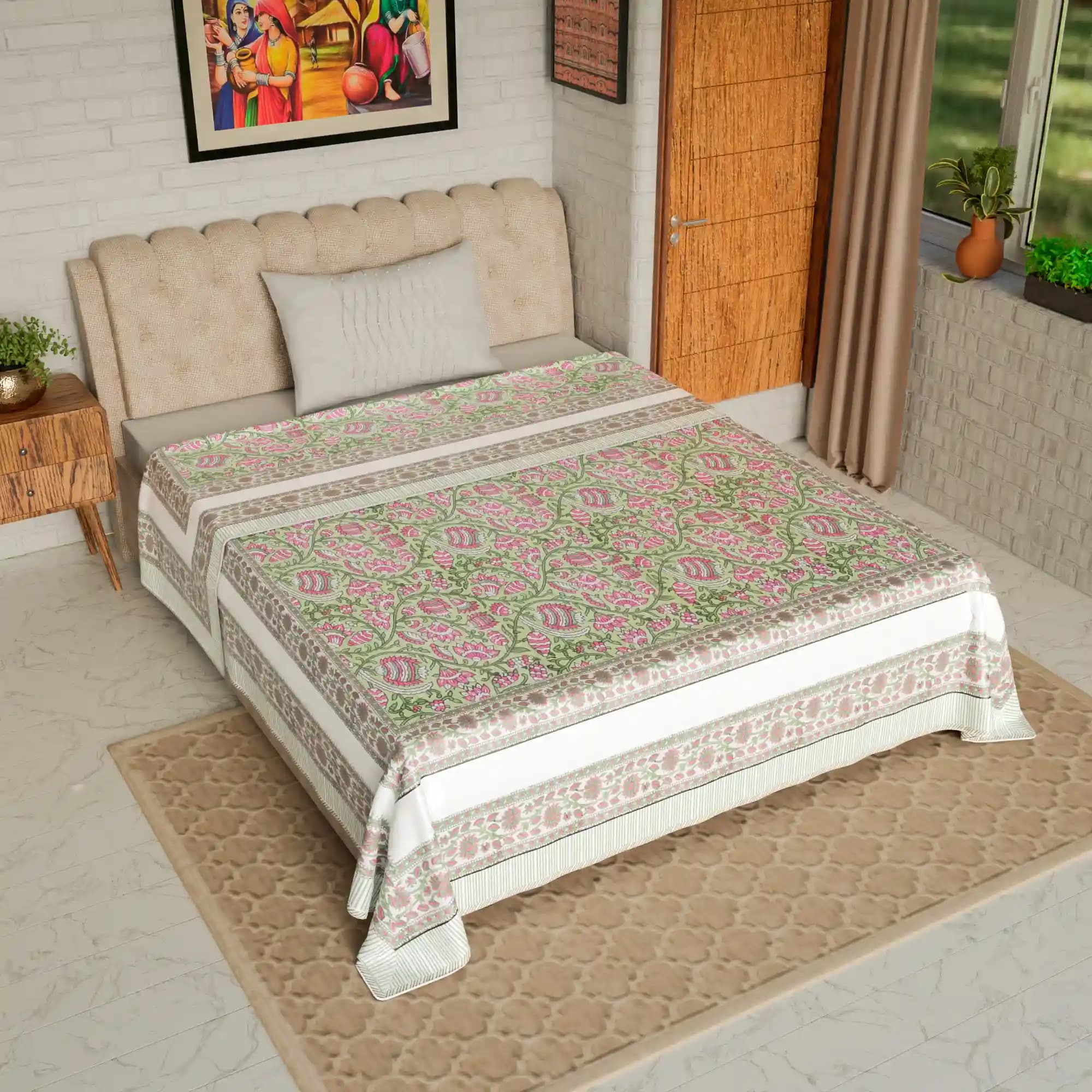 Jaipur Dohar Hand Block Printed Single Bed Cotton Dohar - Green Pink Dark Floral