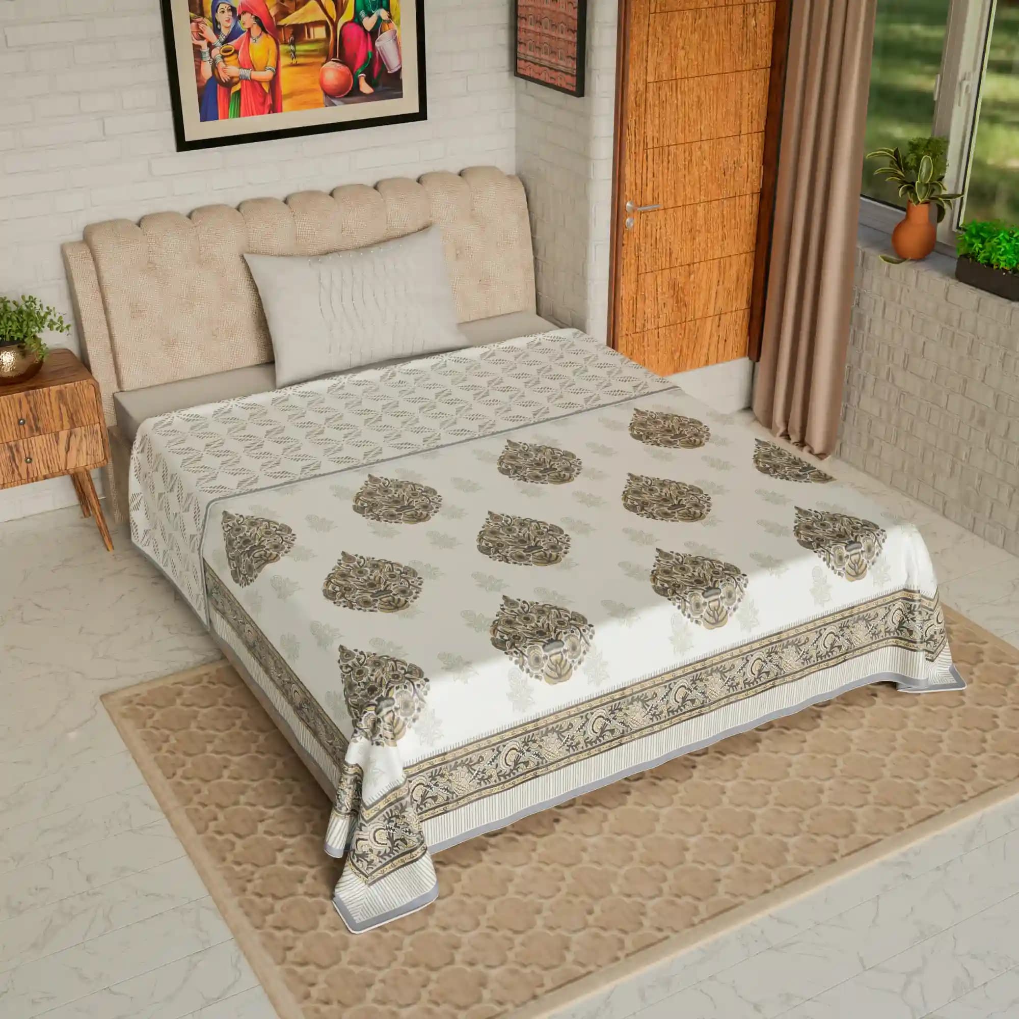 Jaipur Dohar Hand Block Printed Single Bed Cotton Dohar - Mud Grey