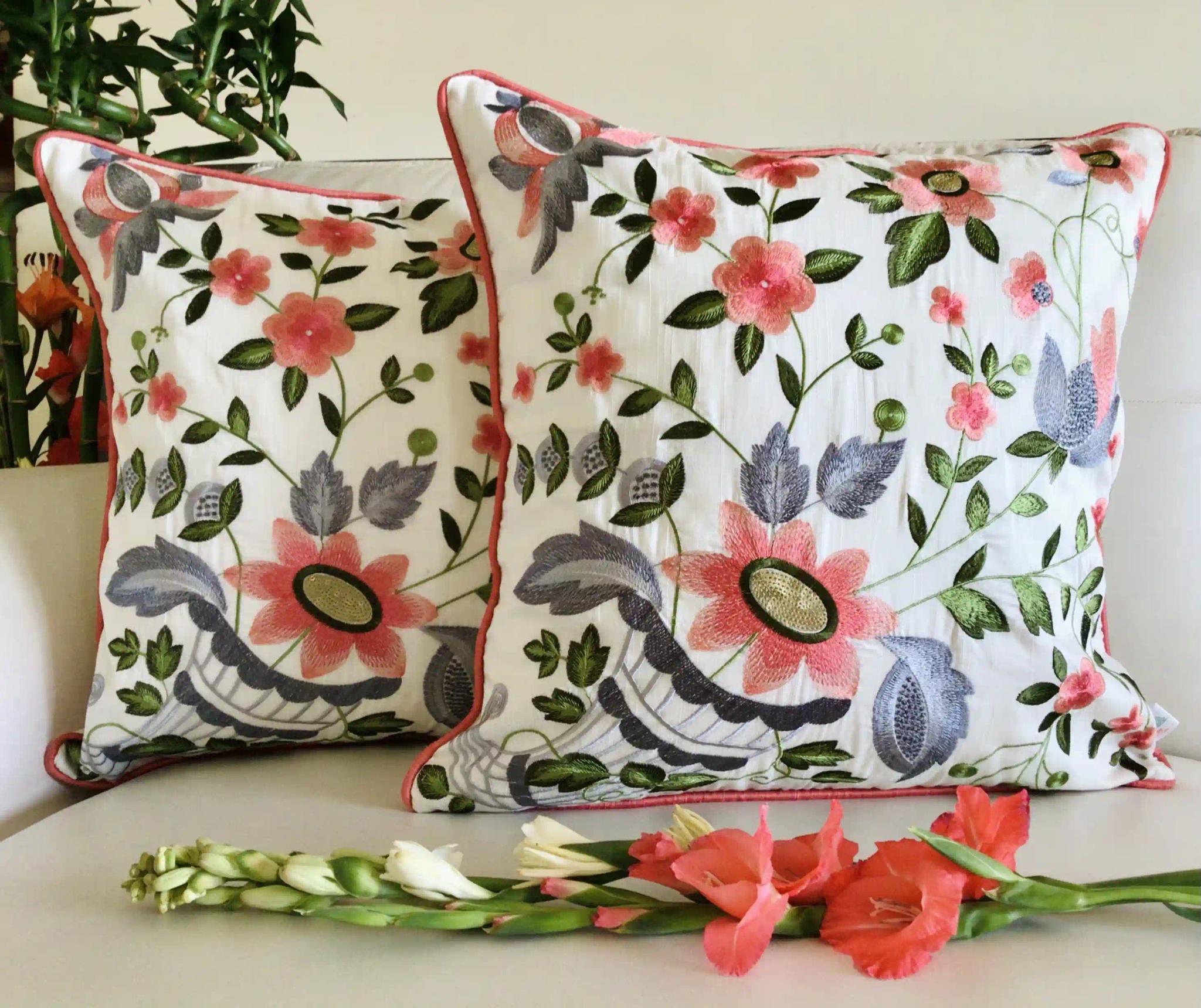 Floral Ecstasy- Embroidered Cotton Silk Cushion Cover- Coral Pink- Set of 2