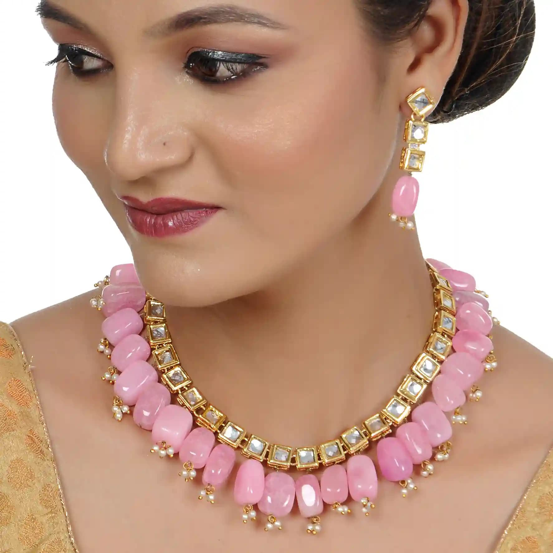 Gold Plated(18k) Square Design Kundan Choker Necklace & Earrings - Pink