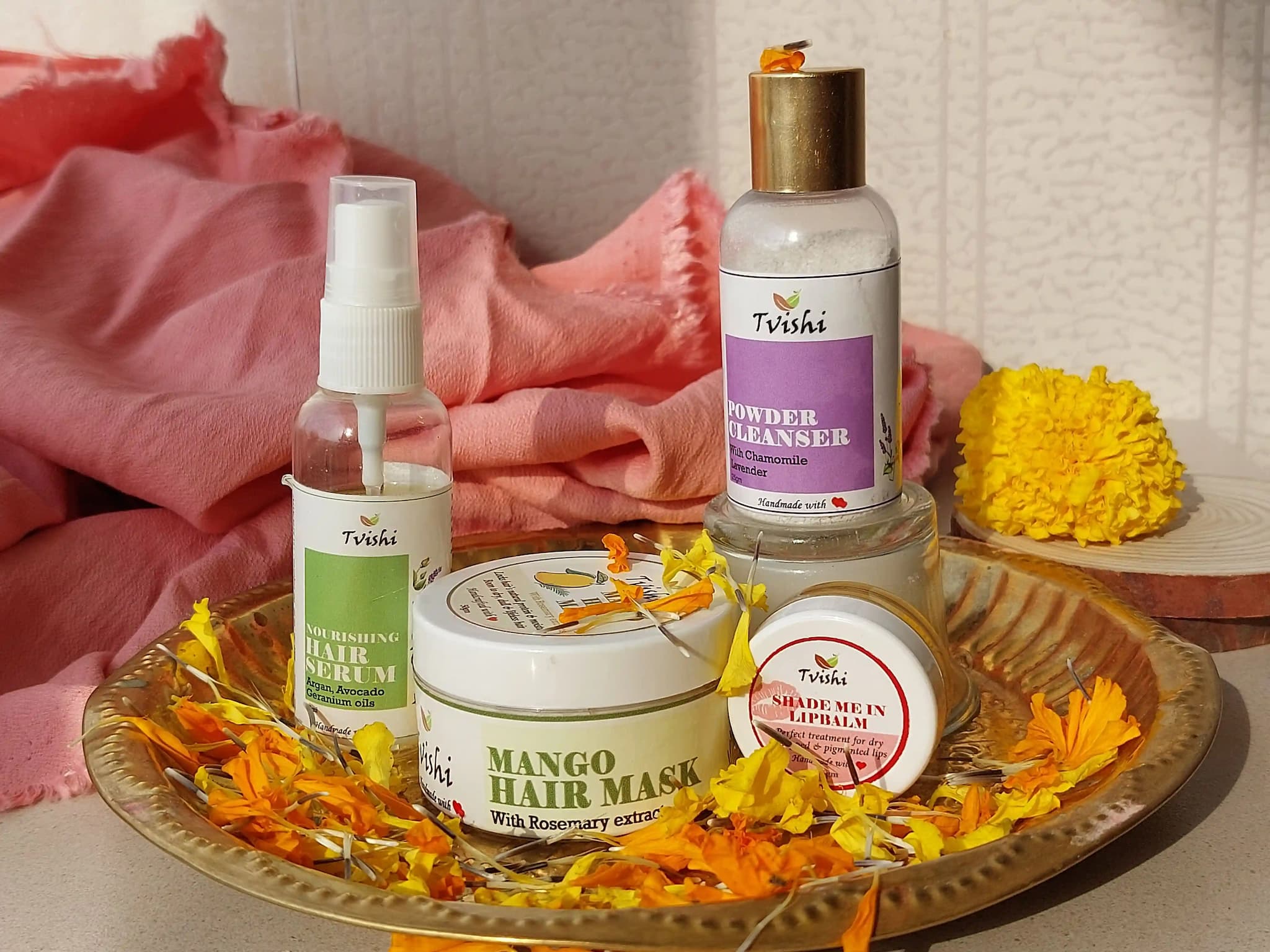 Tvishi Saravedi Kit - Nourishing Hair Serum, Powder Cleanser, Mango Hair mask & Shade Me in Lip Balm