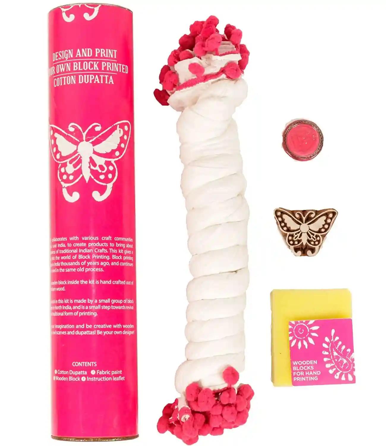 Handmade Pink Butterfly Design Wooden Block Print DIY Craft Kit For Dupatta