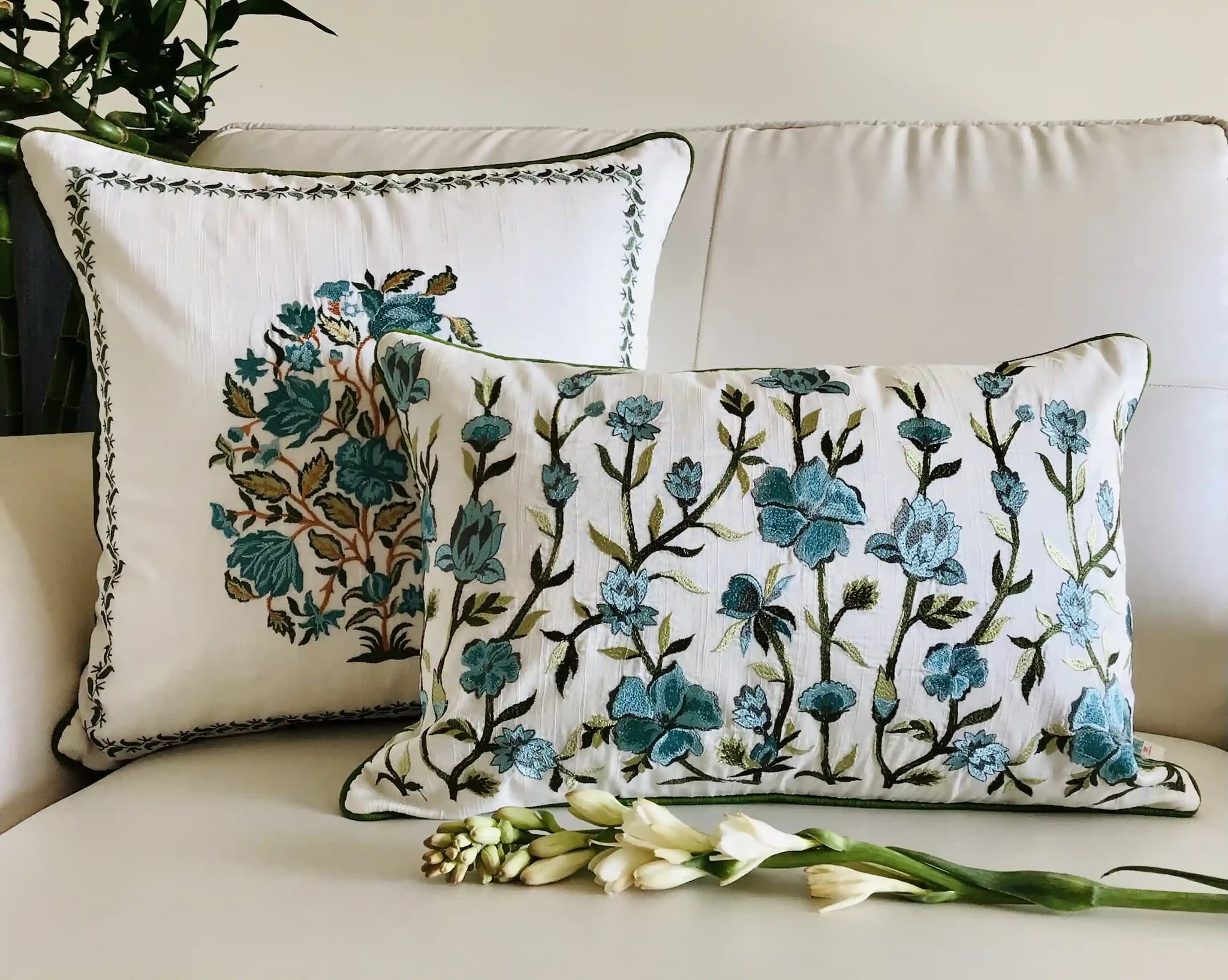 Wild Flower Fields- Embroidered Cotton Silk Cushion Cover- Pastel Blue & Green- Set of 2