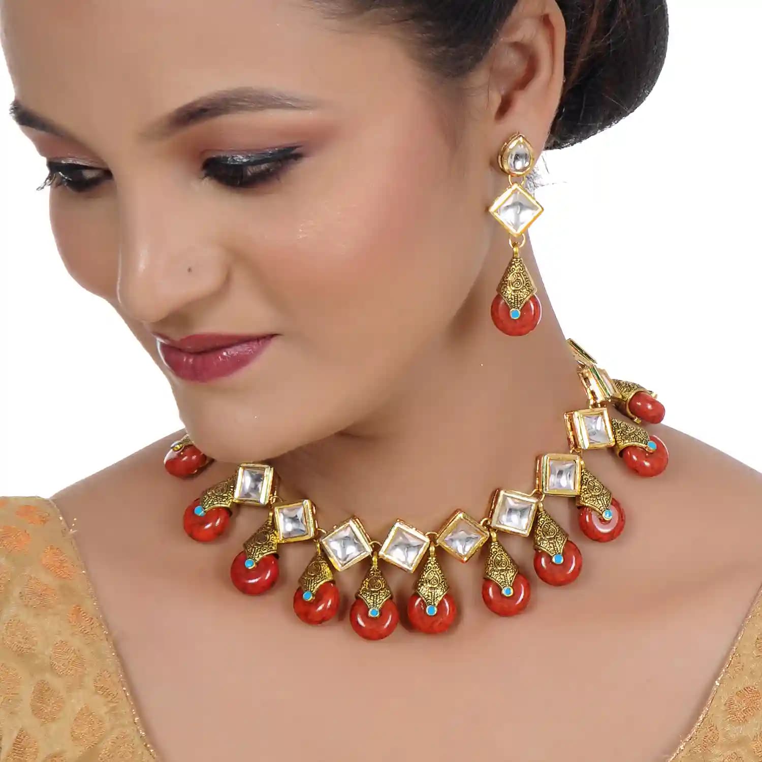 Gold Plated(18k) Big Square Stone Necklace With Earrings - Red