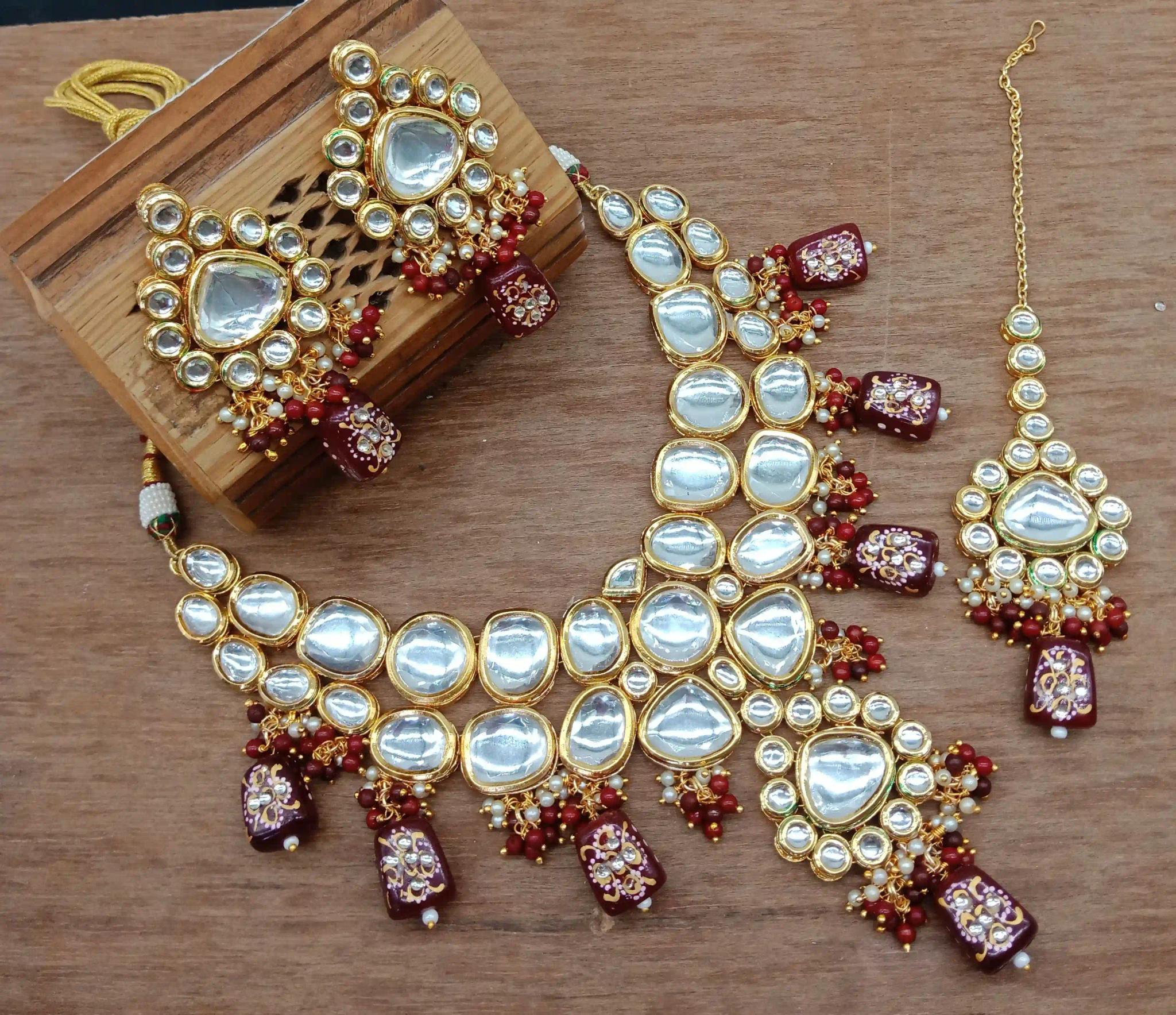 Jaipuri Handmade Drops With Heavy Polki Kundan Necklace Set