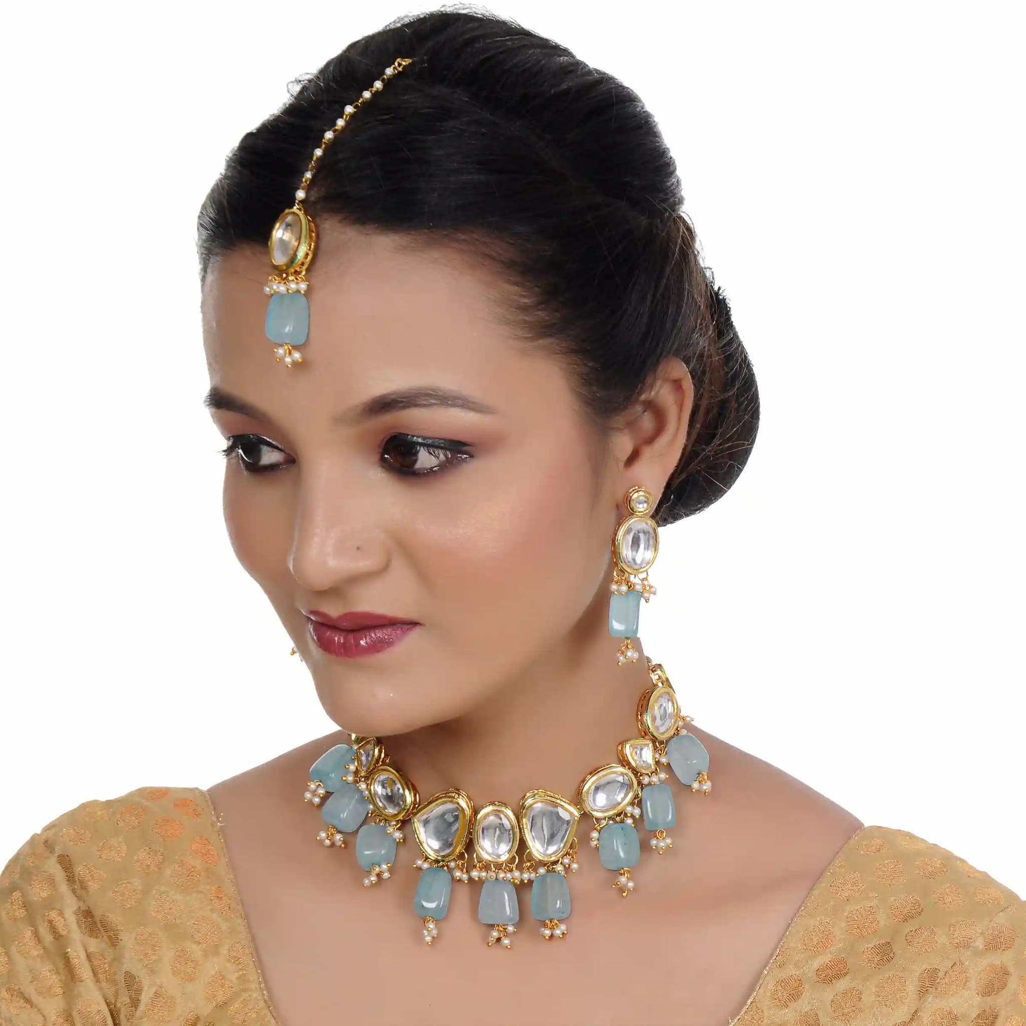 Gold Plated(18k) Big Stone Kundan Choker Necklace Set For Women