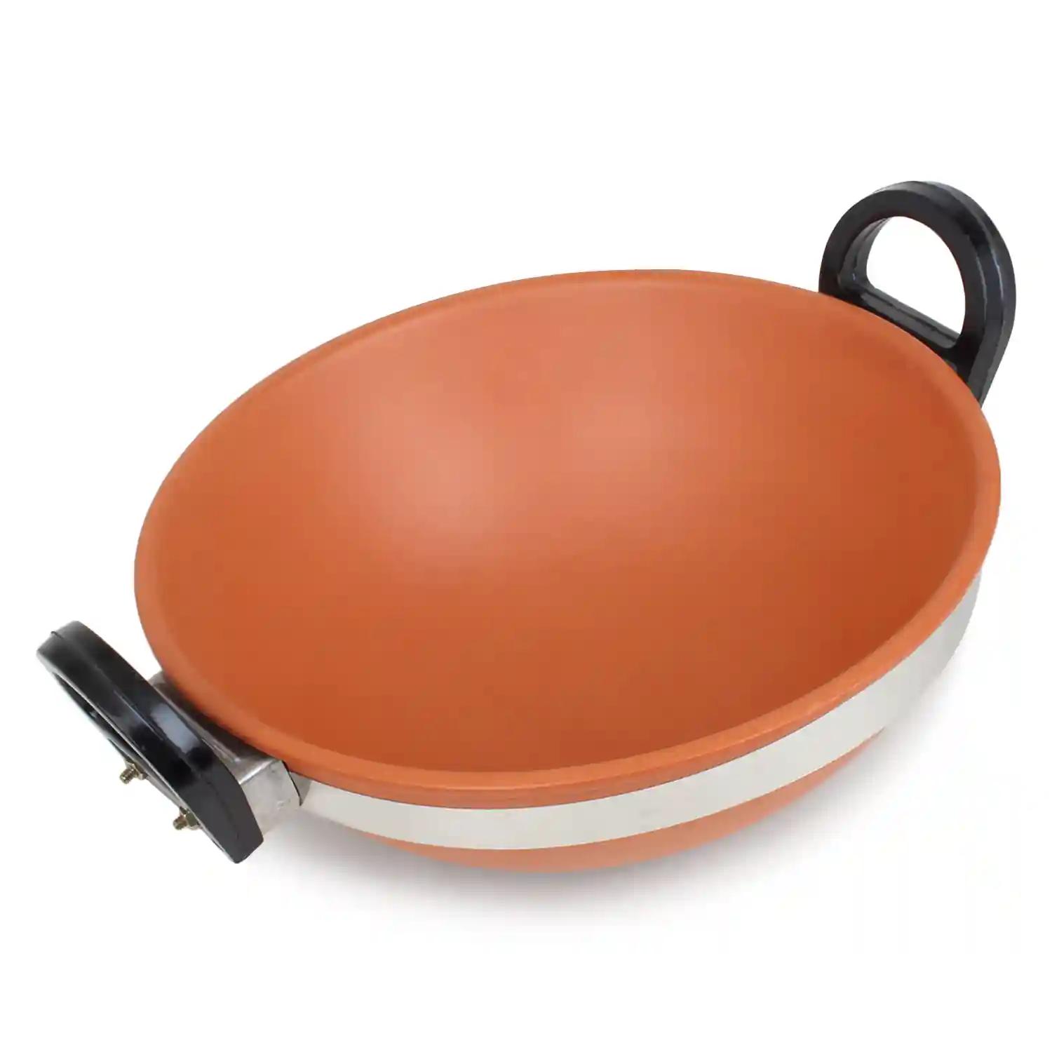 KSI Handmade Terracotta Indian Kadhai with Lid Pottery Earthen Clay Kadhai for Cooking and Wooden Spatula Combo 2.5 litres