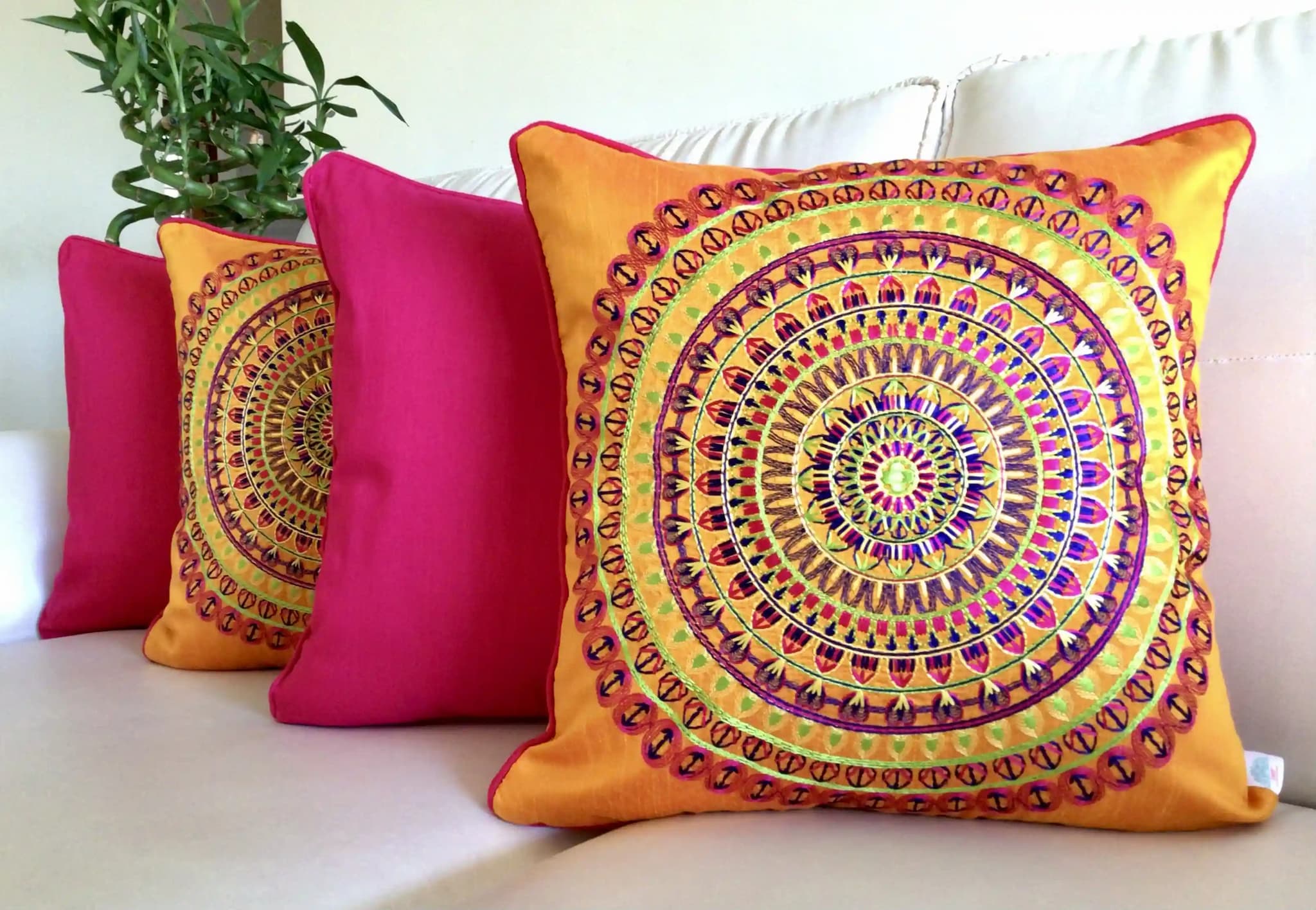 Colors of India- Embroidered Cotton Silk Cushion Cover- Vermillion Orange- Set of 2
