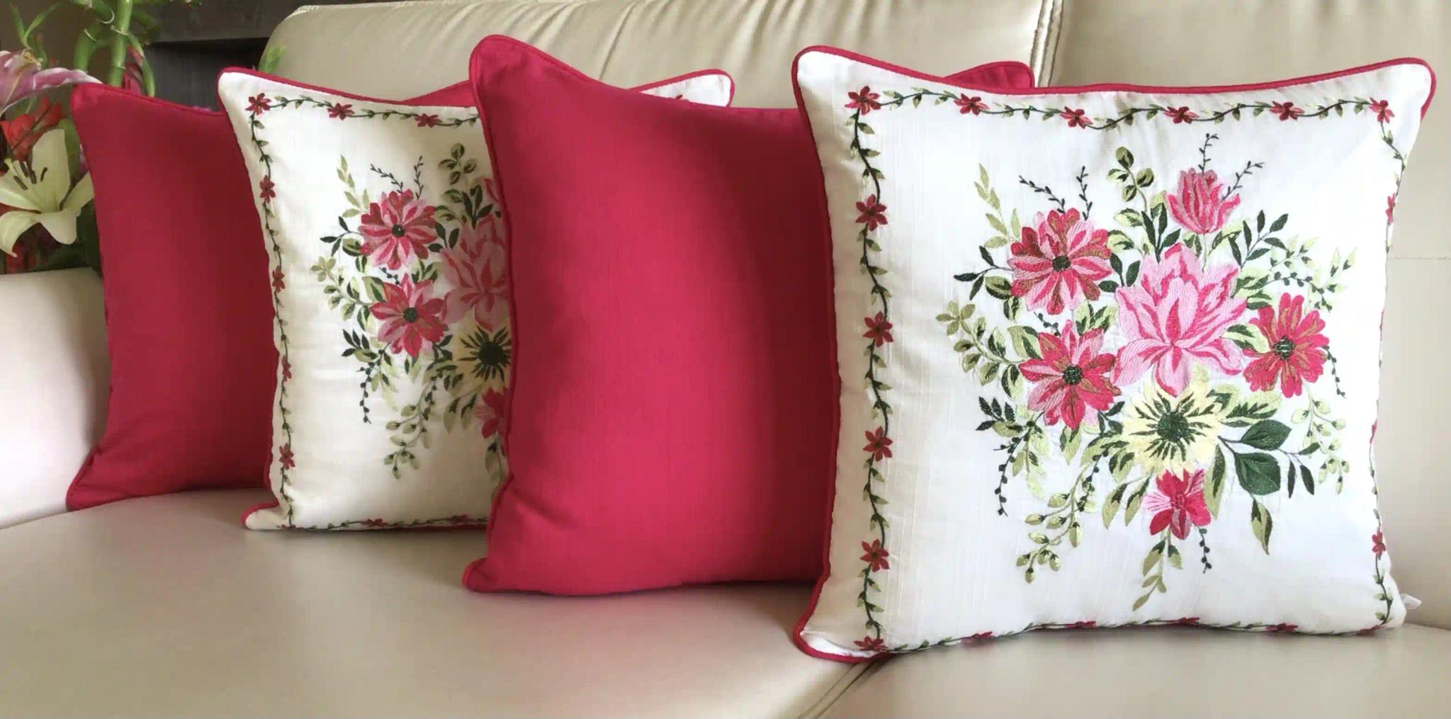 My Fairy Lady- Embroidered Cotton Silk Cushion Covers- Set of 2- Fuchsia Pink