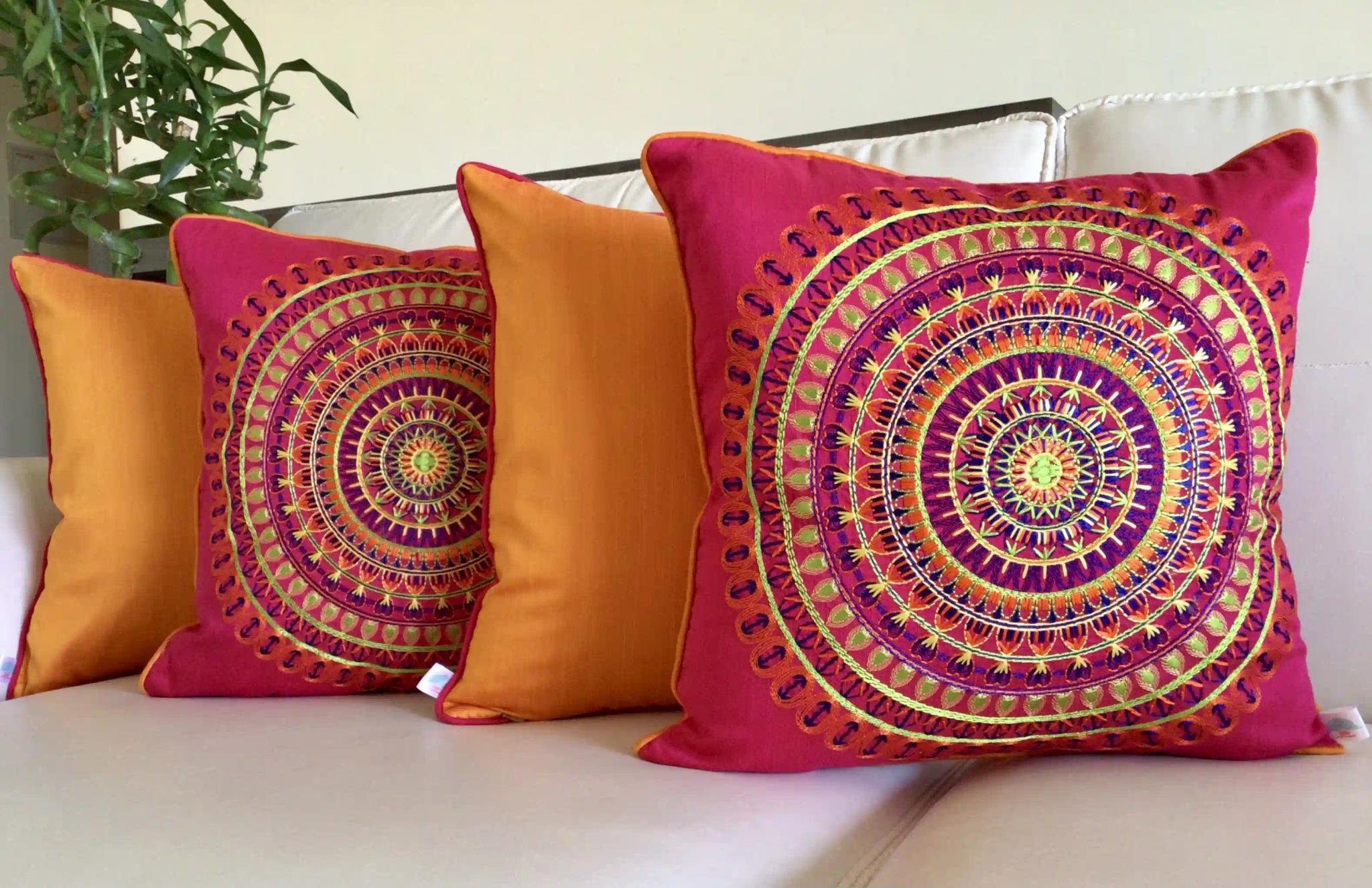 Colors of India- Embroidered Cotton Silk Cushion Cover- Fuschia Pink- Set of 2