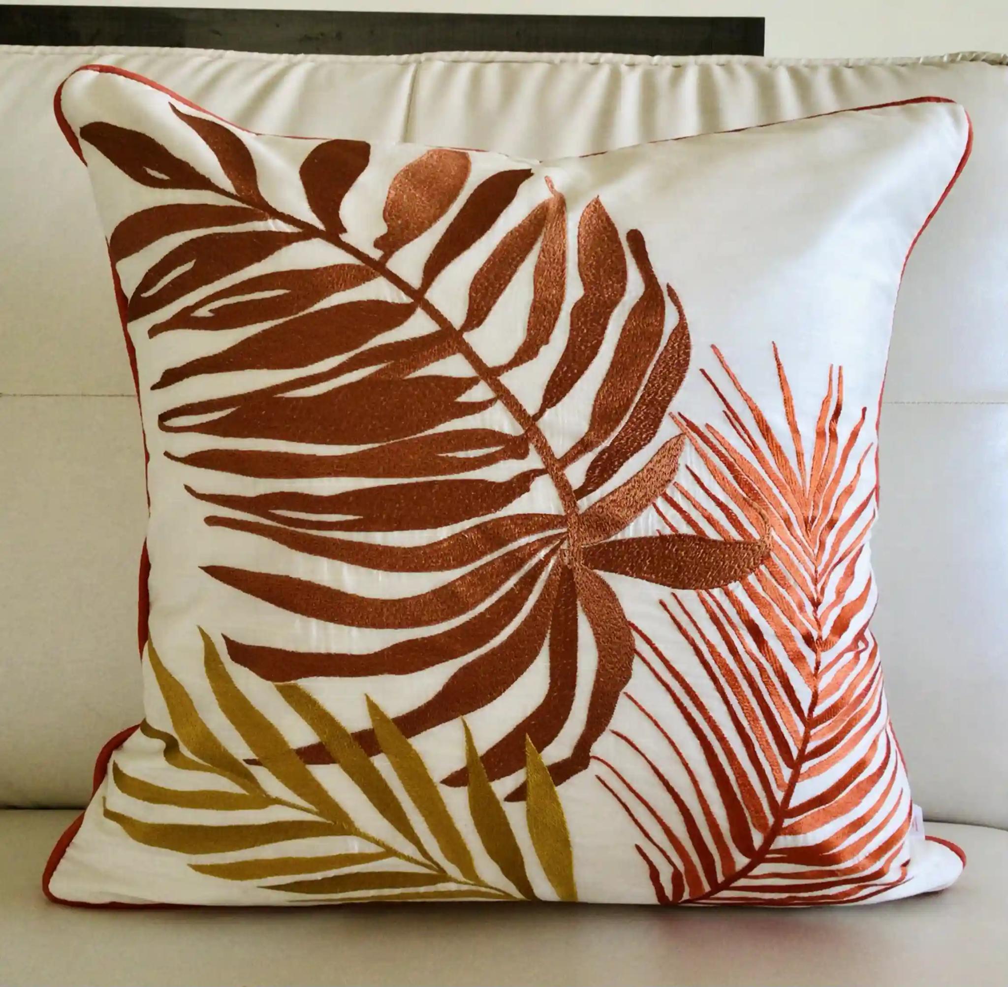Palm Springs-  Embroidered Cotton Silk Cushion Cover- Autumn Orange- Set of 2