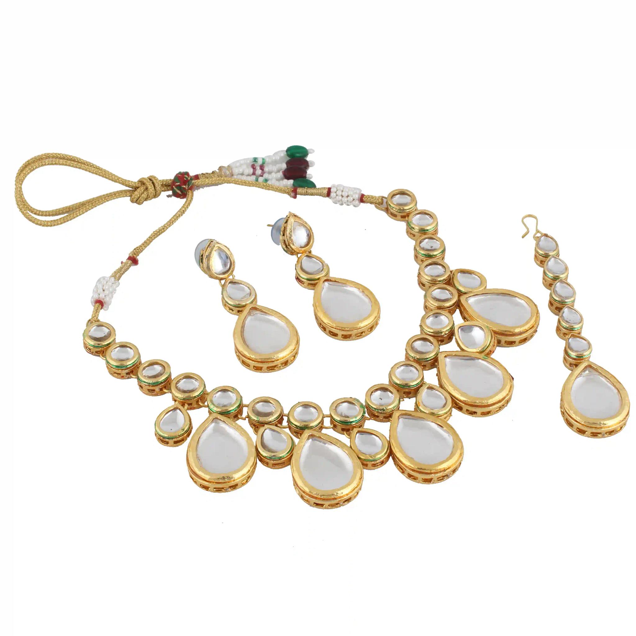 Gold Plated(18k) Big Round Stone Choker Necklace Set & Maang Tika - White