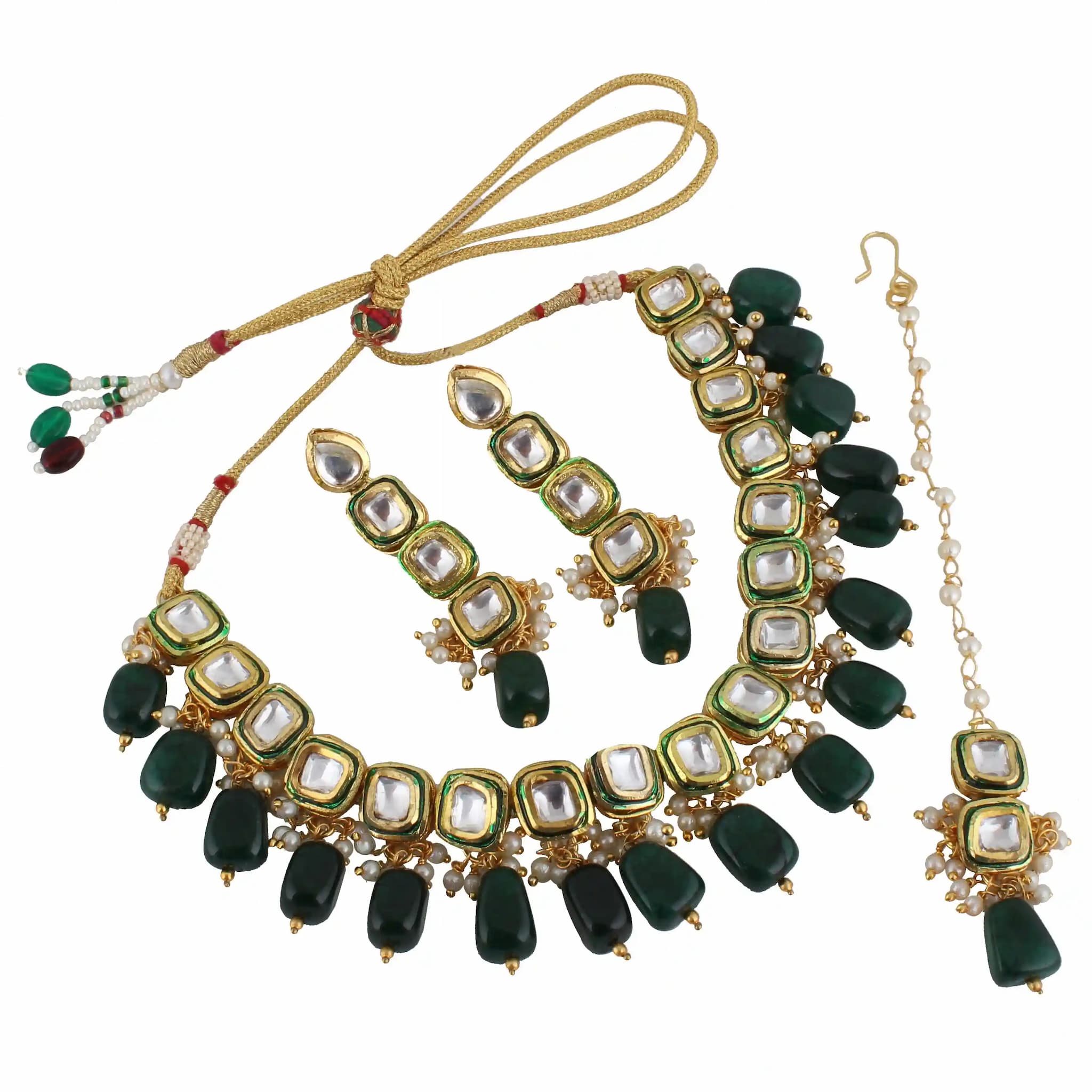 Gold Plated(18k) Square Shape Stone Design Jewellery Set With Maang Tika - Green