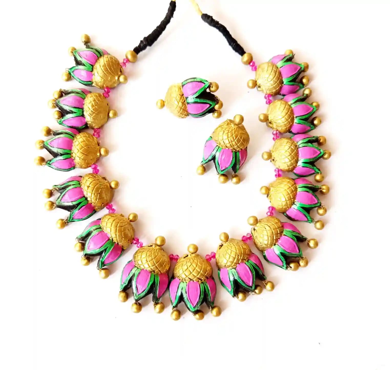 Lotus Design Terracotta Necklace with Matching Earring - Pink