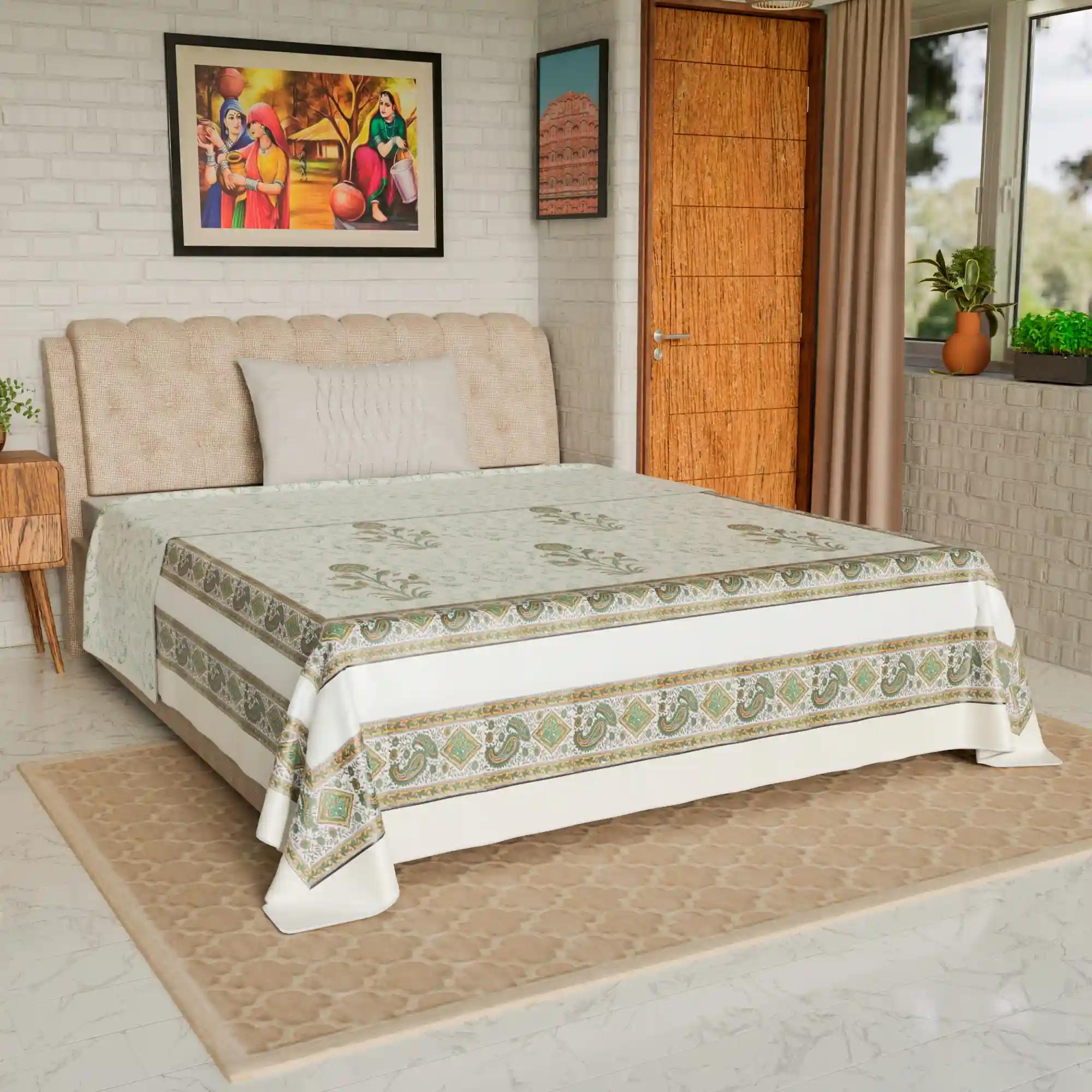 Jaipur Dohar Hand Block Printed Single Bed Cotton Dohar - Green Brown Plant