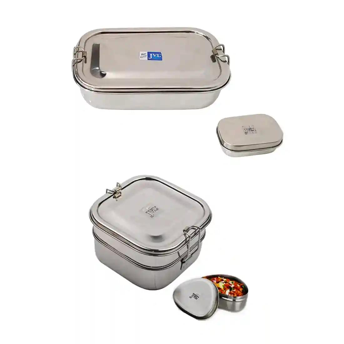 Jvl Stainless Steel Rectangular Single Layer Lunch Box With Small Container & Big Square Double Layer Lunch Box With Mini Container Not Leak Proof - Pack Of 2