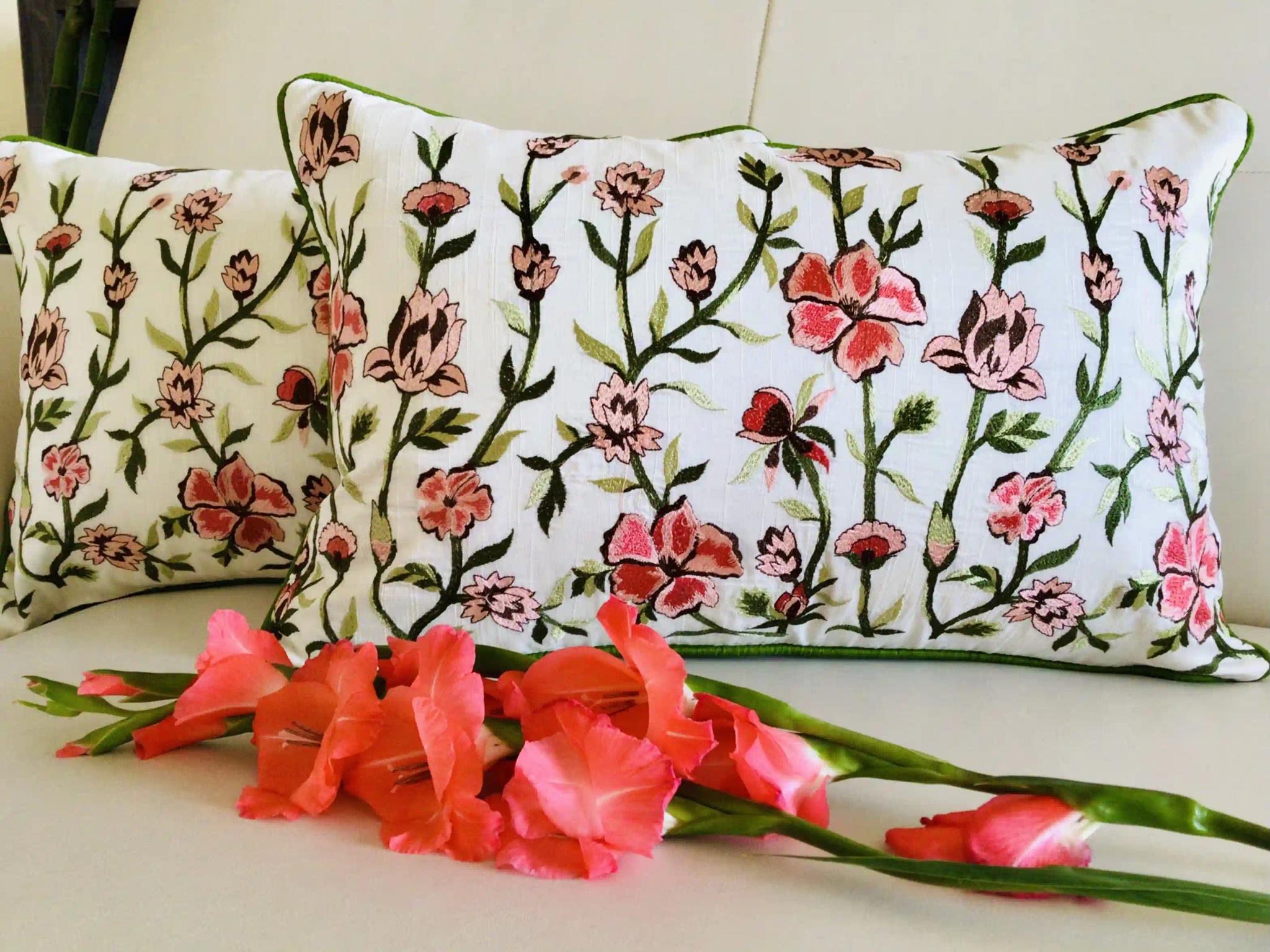Wild Flower Fields- Embroidered Cotton Silk Cushion Cover- Pastel Pink & Green- Set of 2