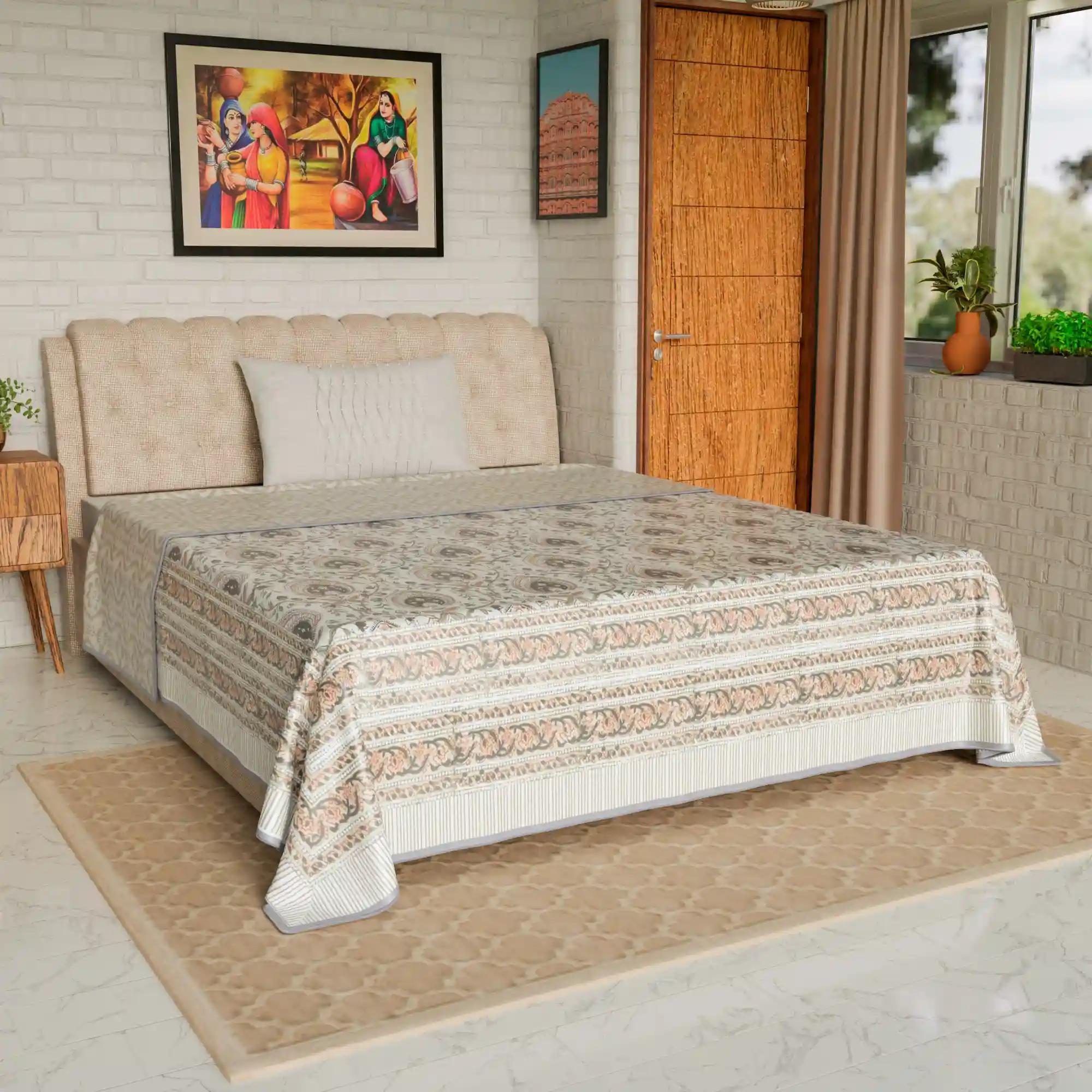 Jaipur Dohar Hand Block Printed Single Bed Cotton Dohar - Orange Grey Floral