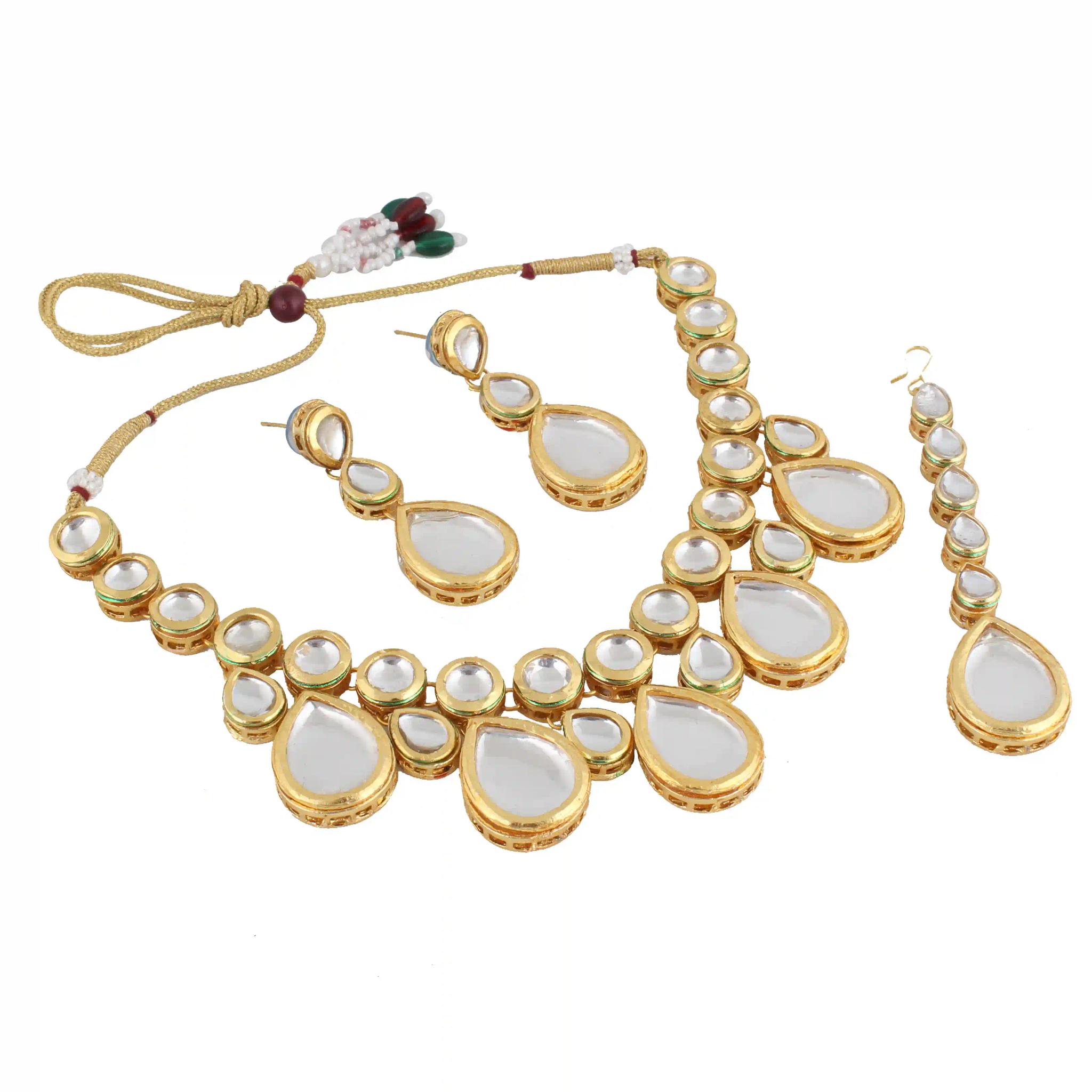 Gold Plated(18k) Small Round Stone Choker Necklace Set & Maang Tika - White