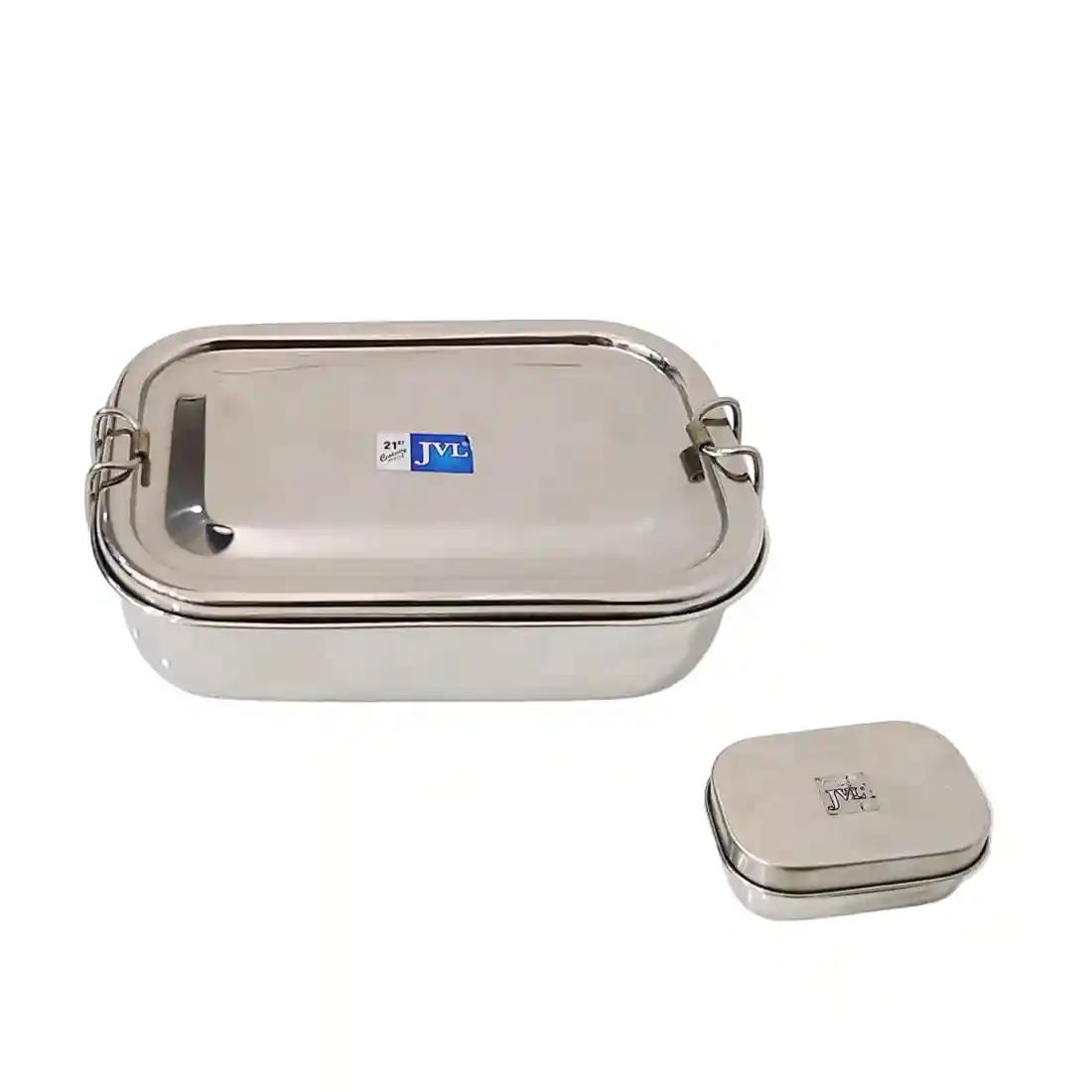 Jvl Stainless Steel Rectangular Single Layer Lunch Box With Small Container & Big Square Double Layer Lunch Box With Mini Container Not Leak Proof - Pack Of 2