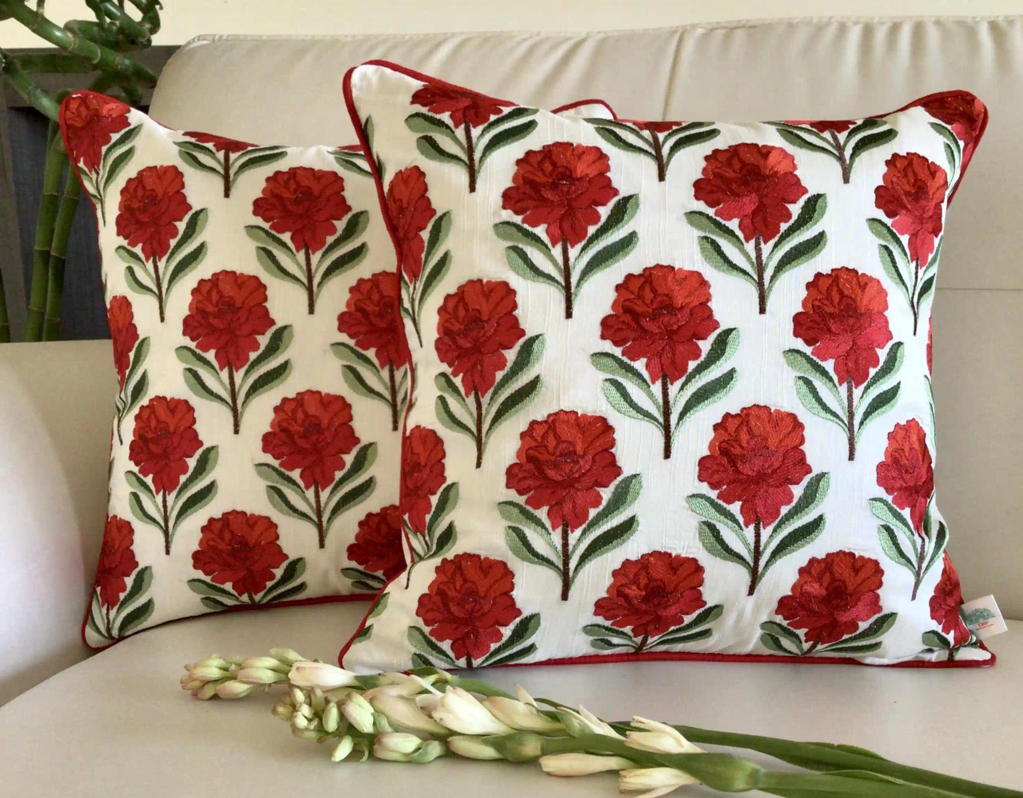 Bagh-e-Khaas-  Embroidered Cotton Silk Cushion Cover- Rose Red- Set of 2