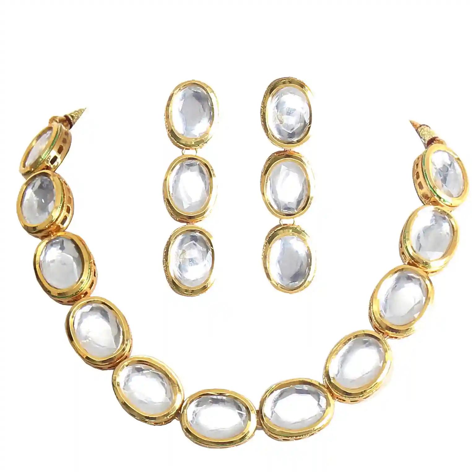 Gold Plated(18k) Round Kundan Stone Necklace Set - White