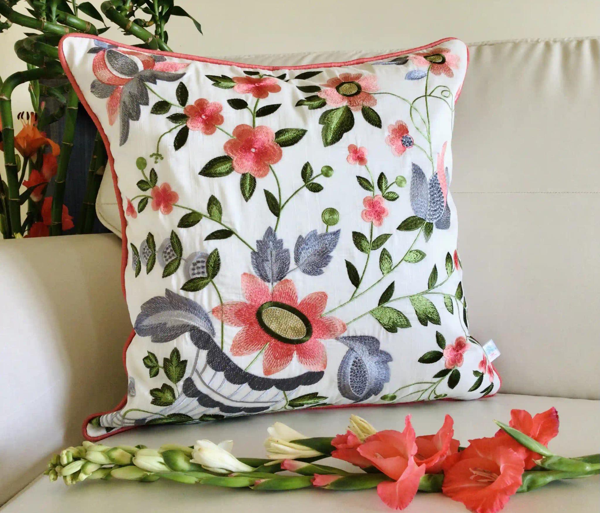 Floral Ecstasy- Embroidered Cotton Silk Cushion Cover- Coral Pink- Set of 2