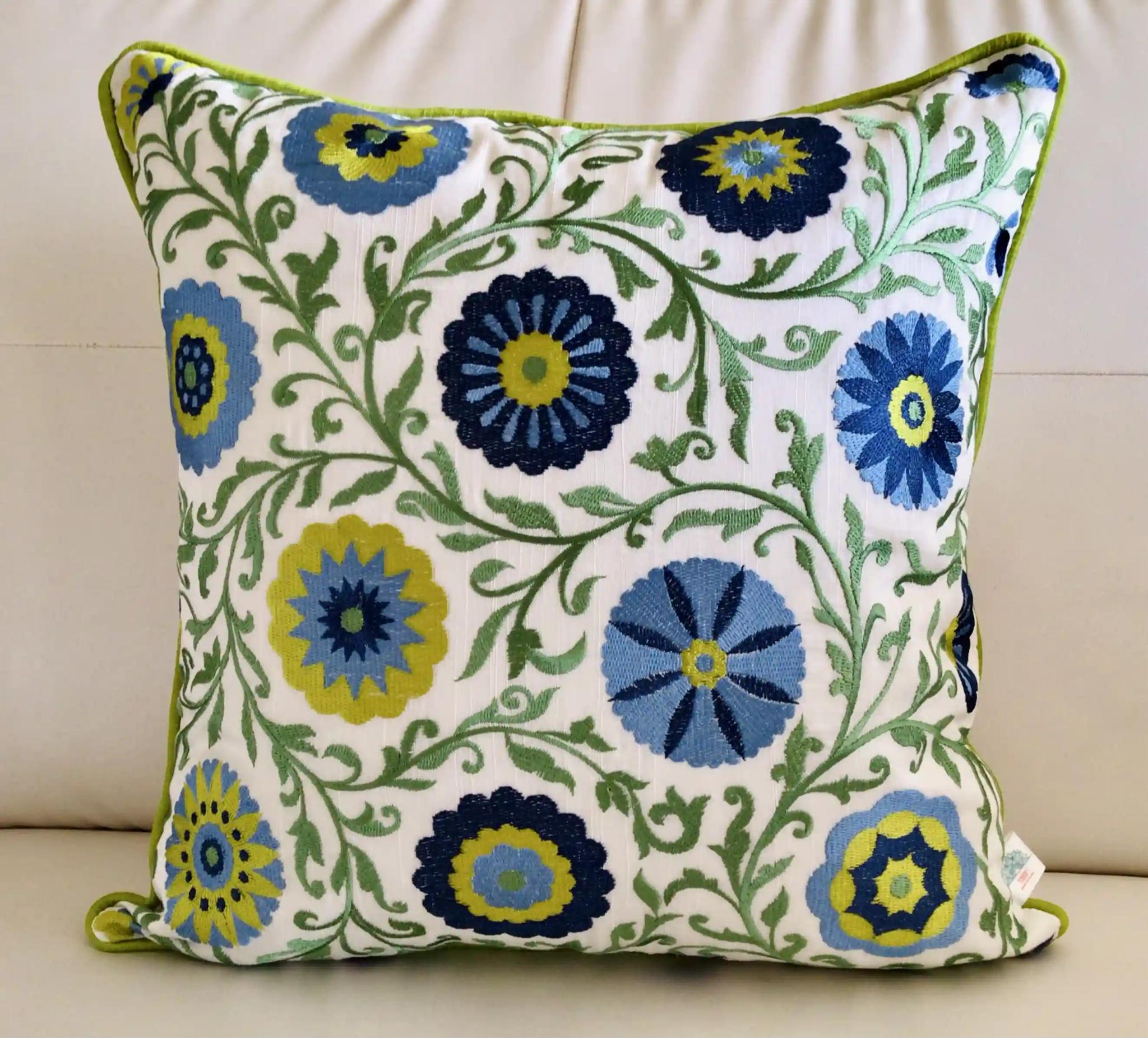 Shaan-e-Gulmarg-  Embroidered Cotton Silk Cushion Cover- Blue & Green- Set of 2