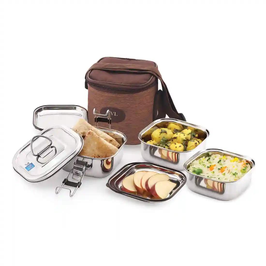 Jvl Stainless Steel Lunch Box For Kids, Triple Three Layer Leak Proof Tiffin Box For School And Office Use With Inner Plate - Square - Small Size