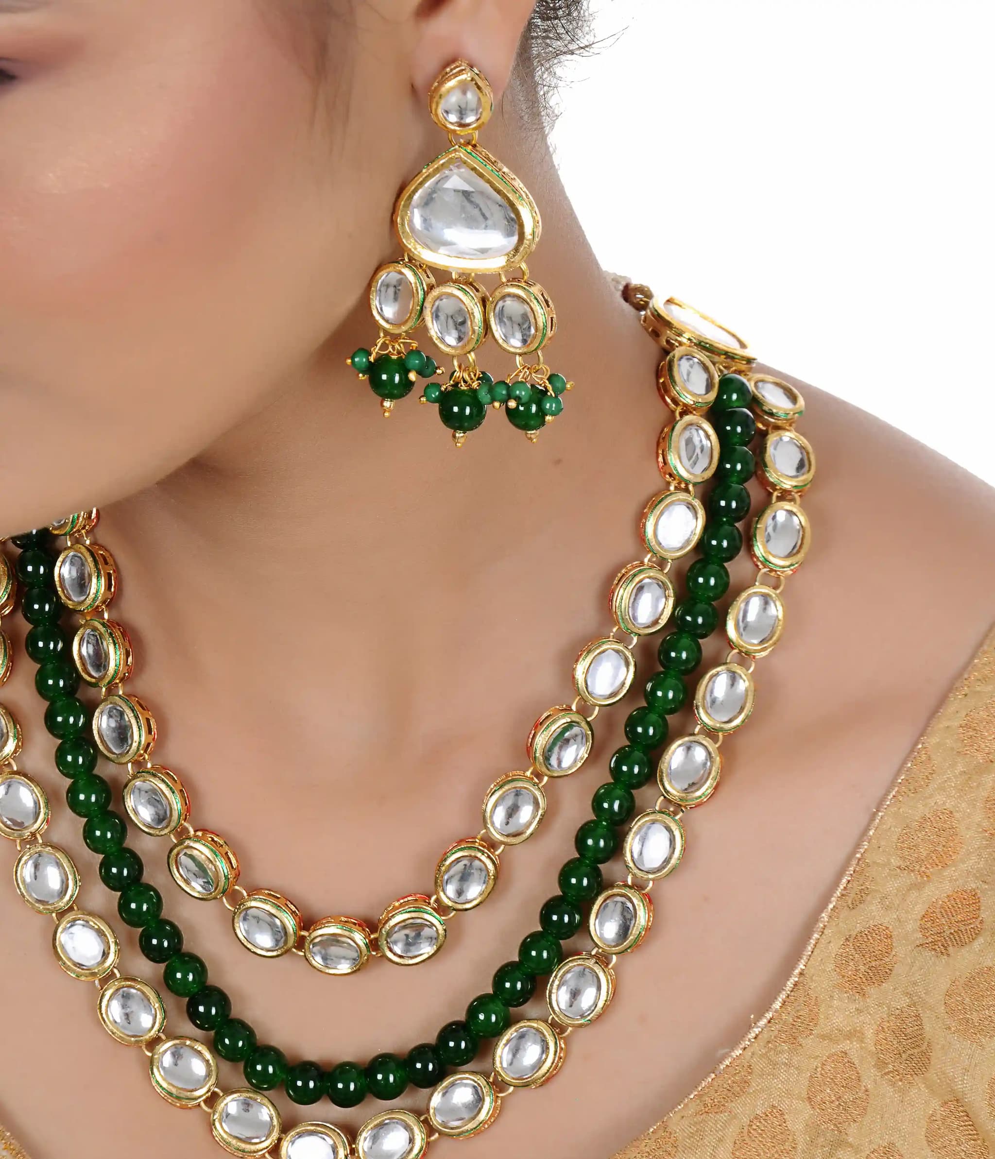 Gold Plated(18k) Stone Necklace With Earrings - Green