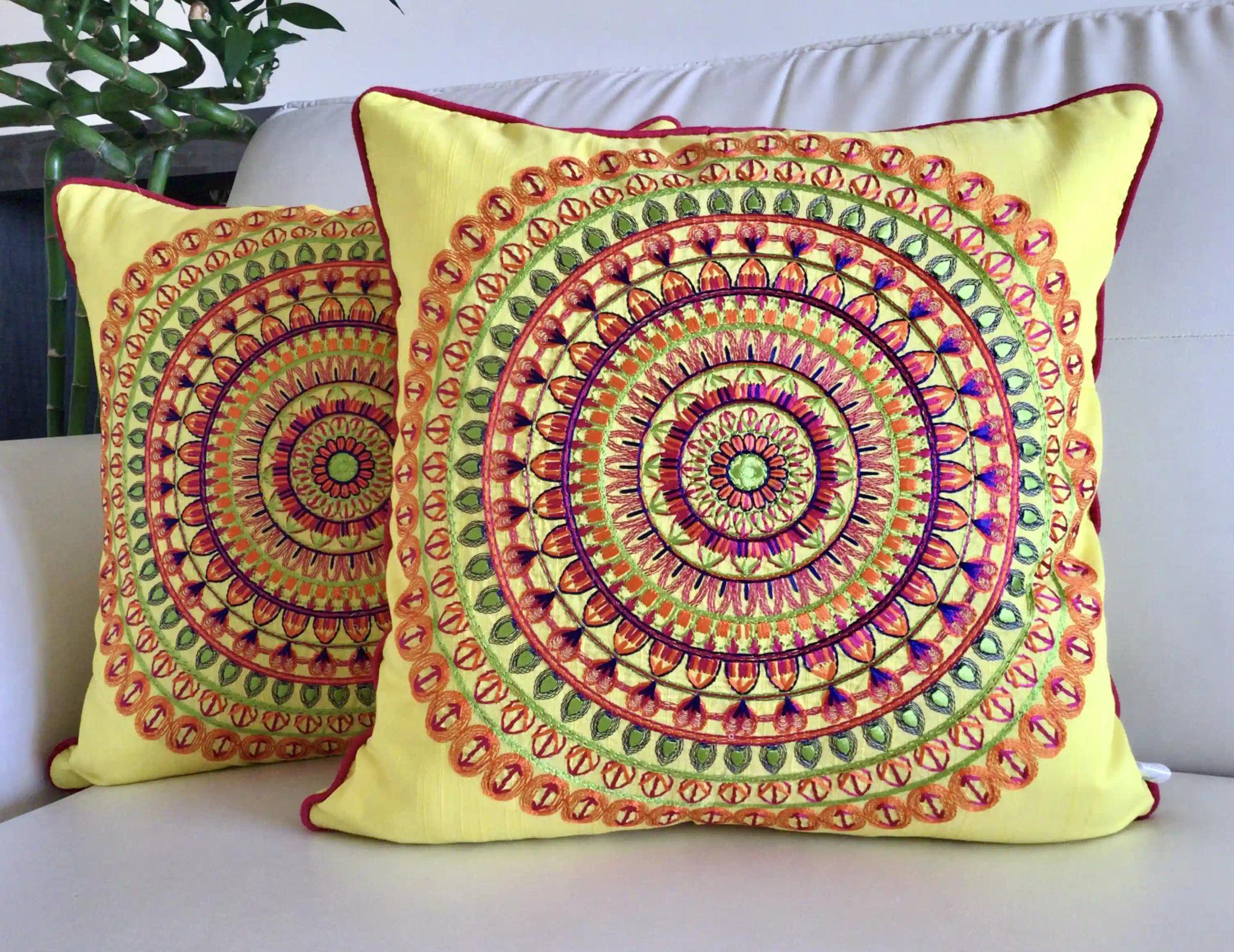 Colors of India- Embroidered Cotton Silk Cushion Cover- Limoncello Yellow- Set of 2