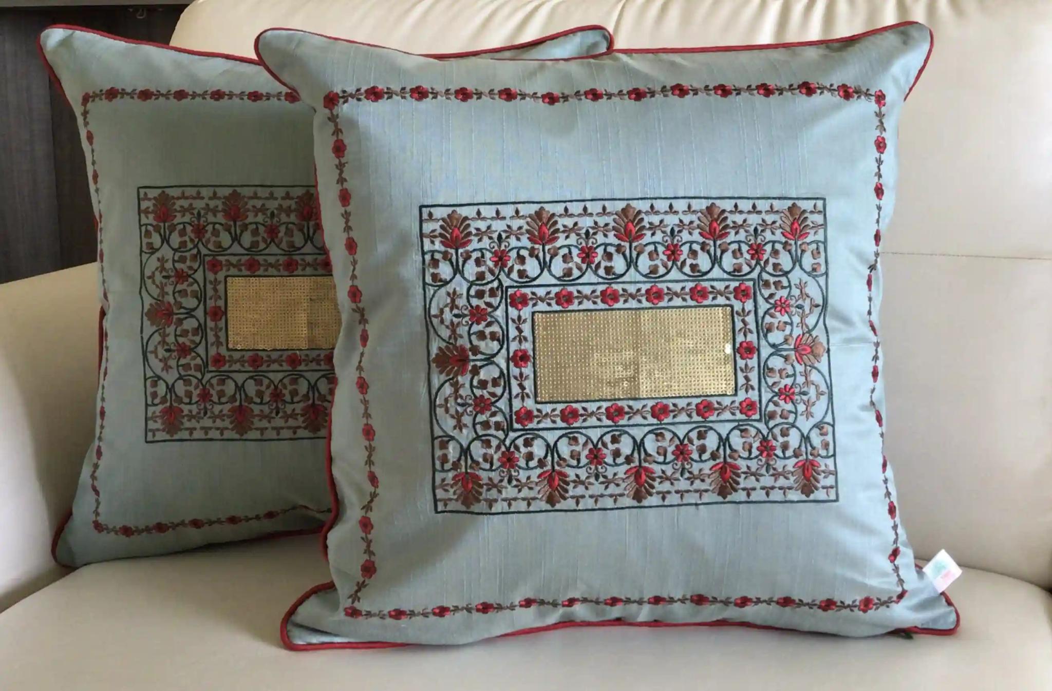 Magic Mirror- Embroidered Cotton Silk Cushion Cover- Steel Grey- Set of 2