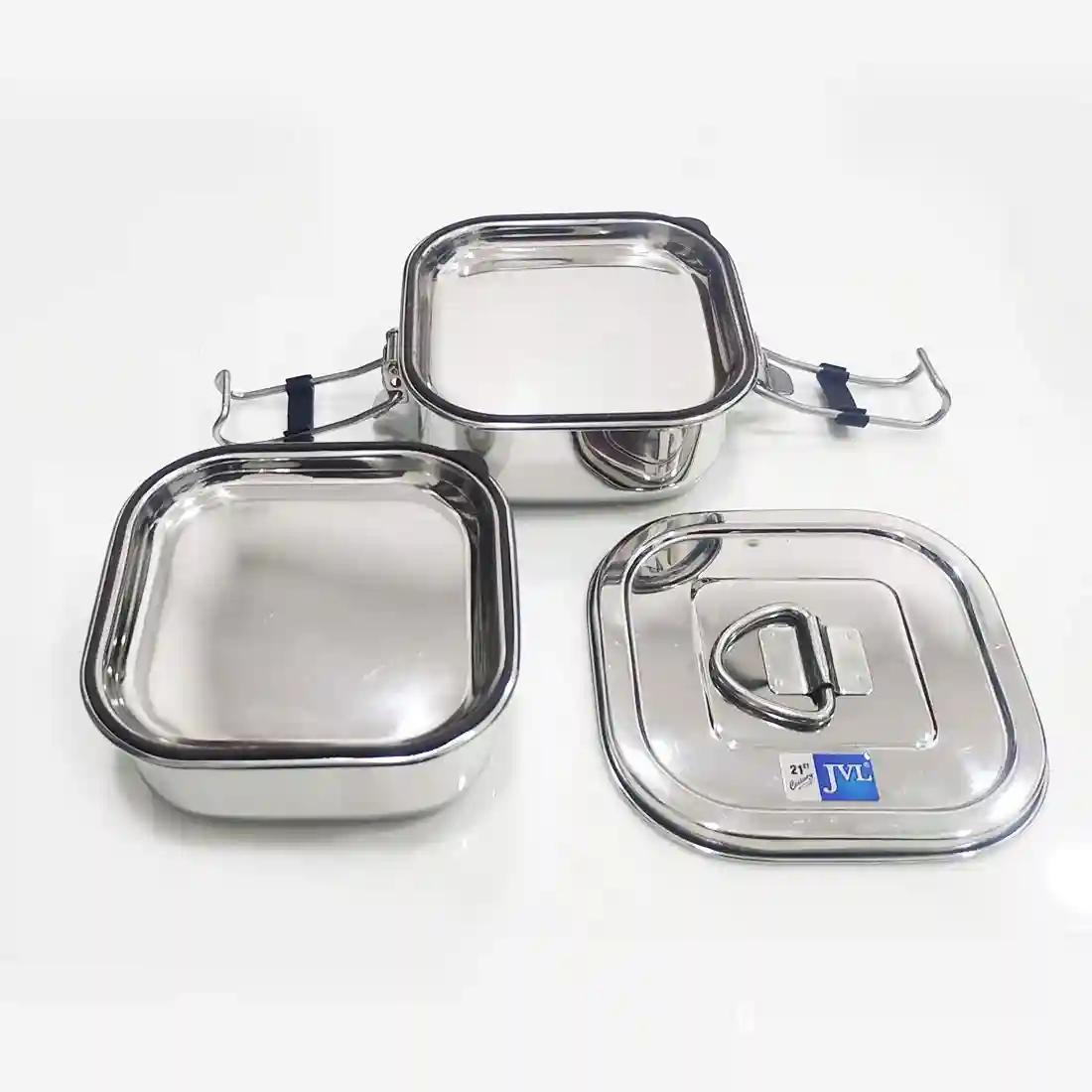 Jvl Stainless Steel Lunch Box For Kids, Triple Three Layer Leak Proof Tiffin Box For School And Office Use With Inner Plate - Square - Small Size