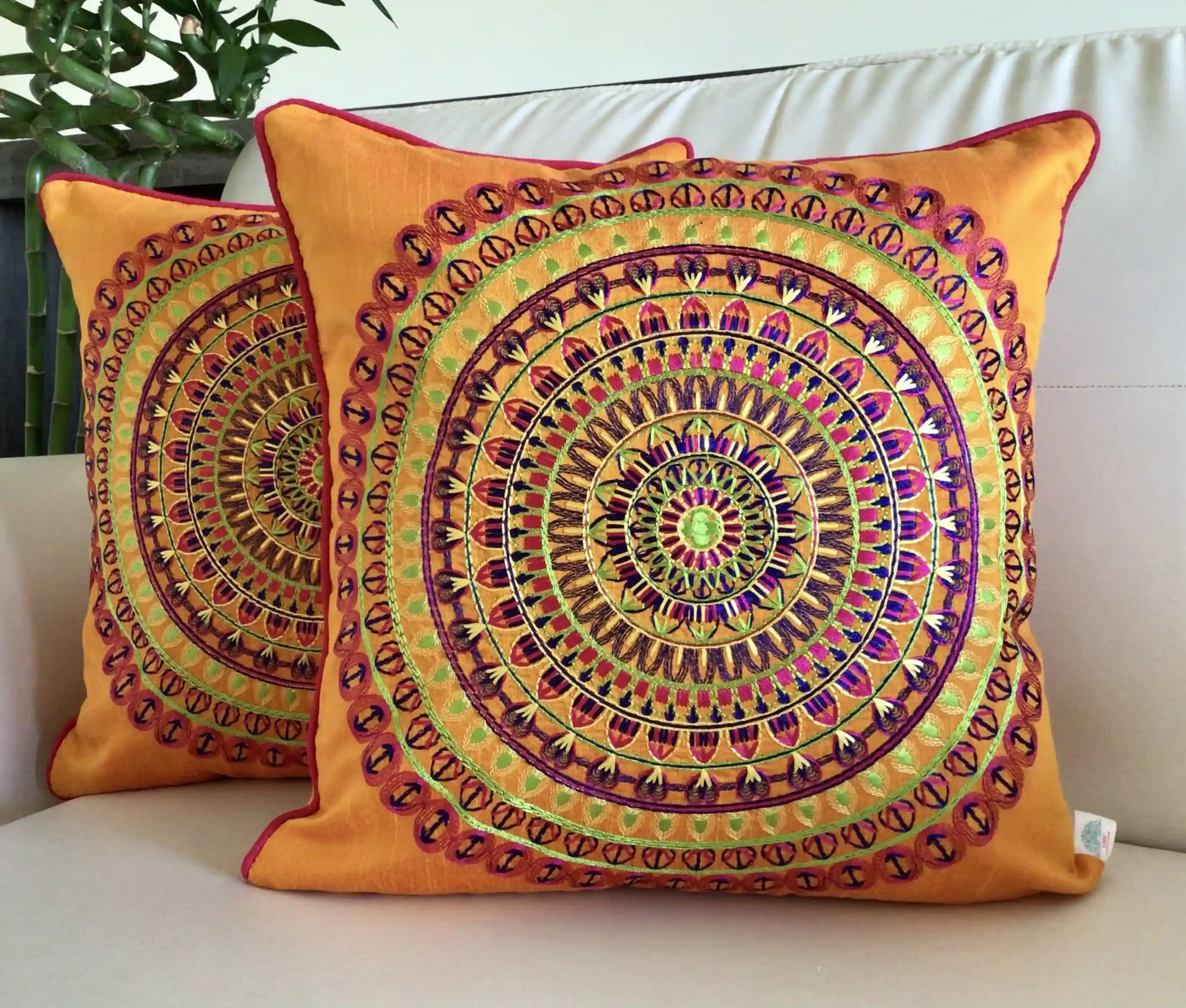 Colors of India- Embroidered Cotton Silk Cushion Cover- Vermillion Orange- Set of 2