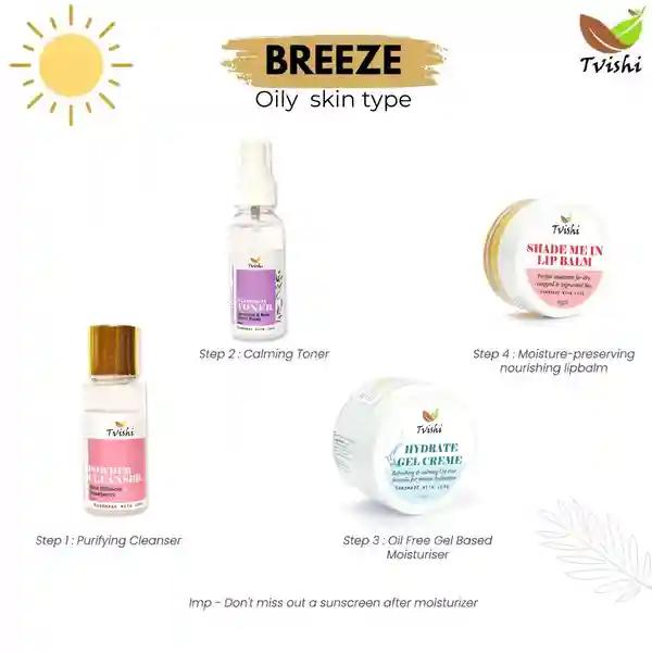 Tvishi Breeze Ritual For Oily Skin Kit - Powder Cleanser, Blossom Toner, Hydrate Gel Cream, Nakshatra Glow Serum, Go Green Clay Mask & Shade Me in Lip Balm
