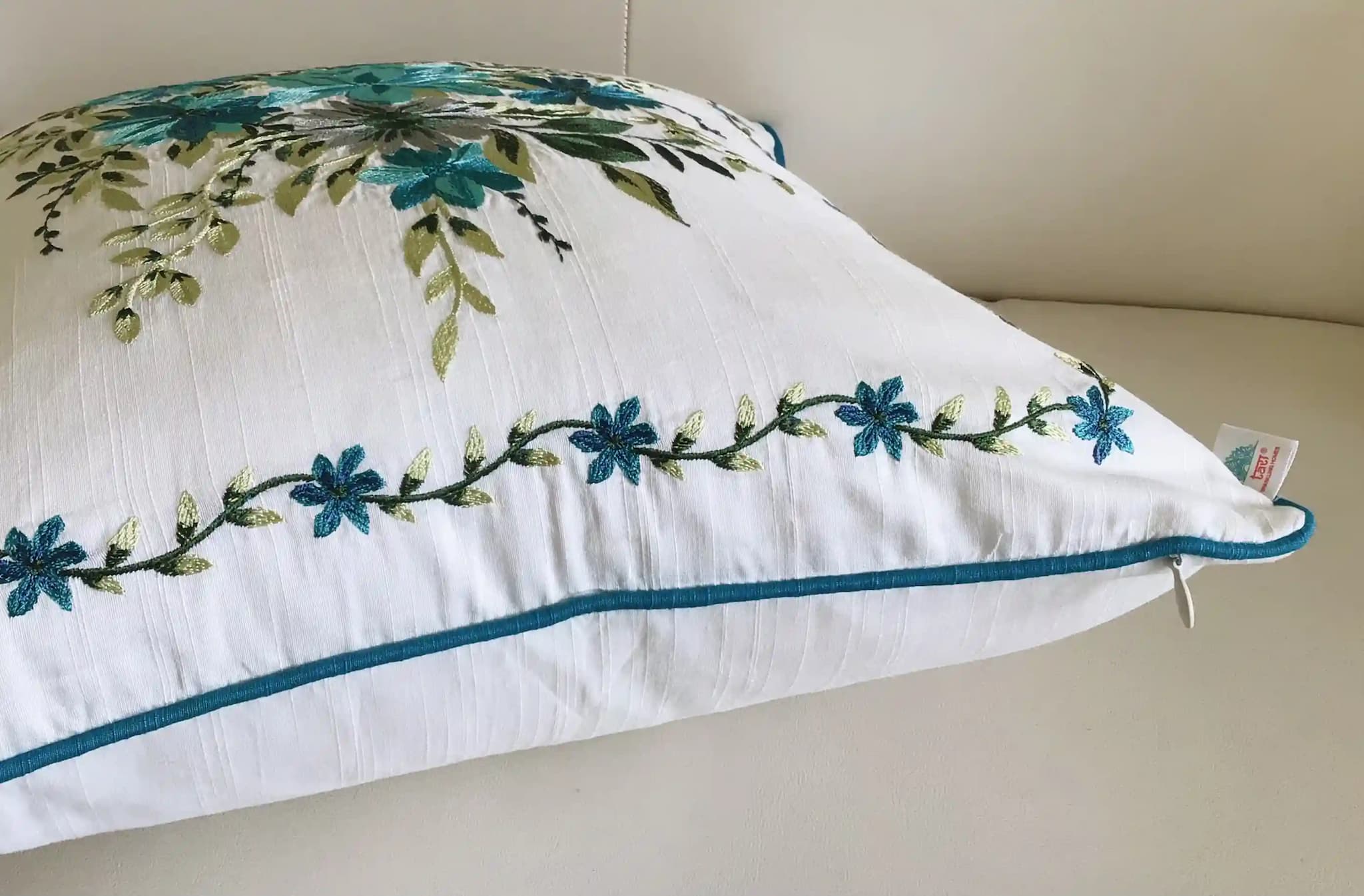 My Fairy Lady- Embroidered Cotton Silk Cushion Covers- Set of 2- Aqua Blue