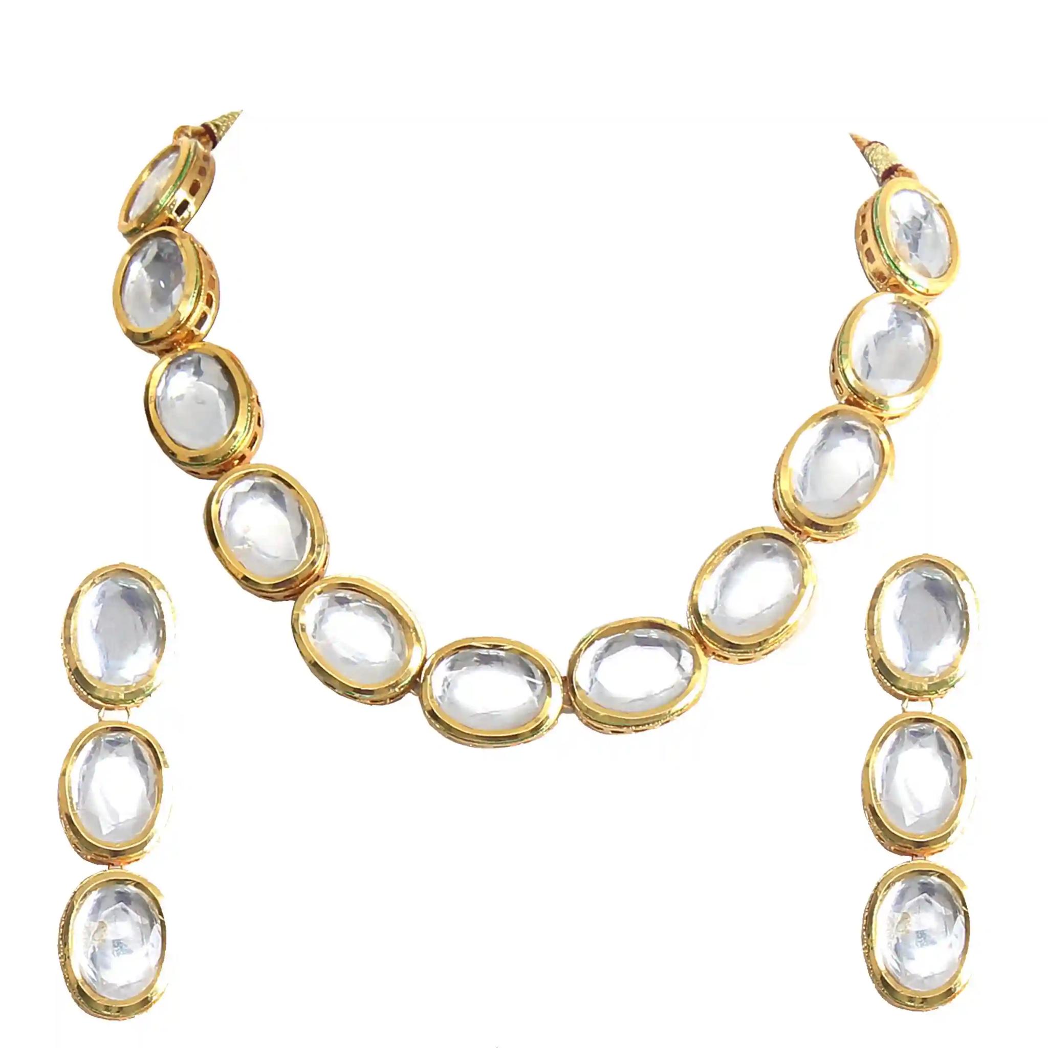Gold Plated(18k) Round Kundan Stone Necklace Set - White