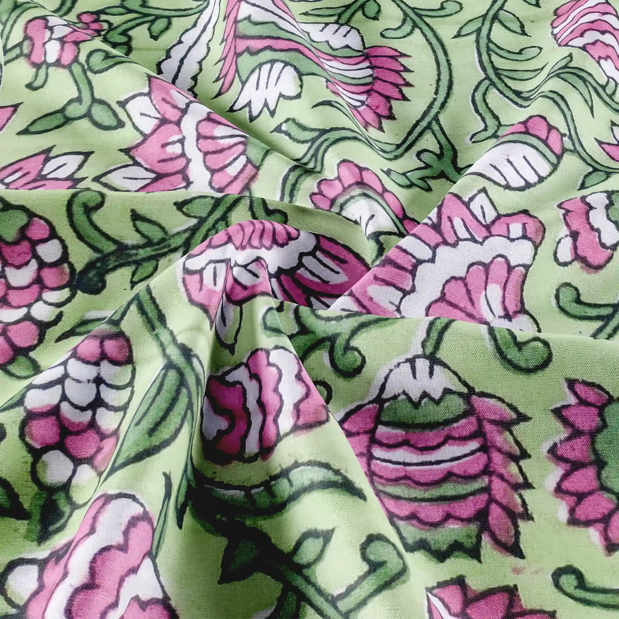 Jaipur Dohar Hand Block Printed Single Bed Cotton Dohar - Green Pink Dark Floral