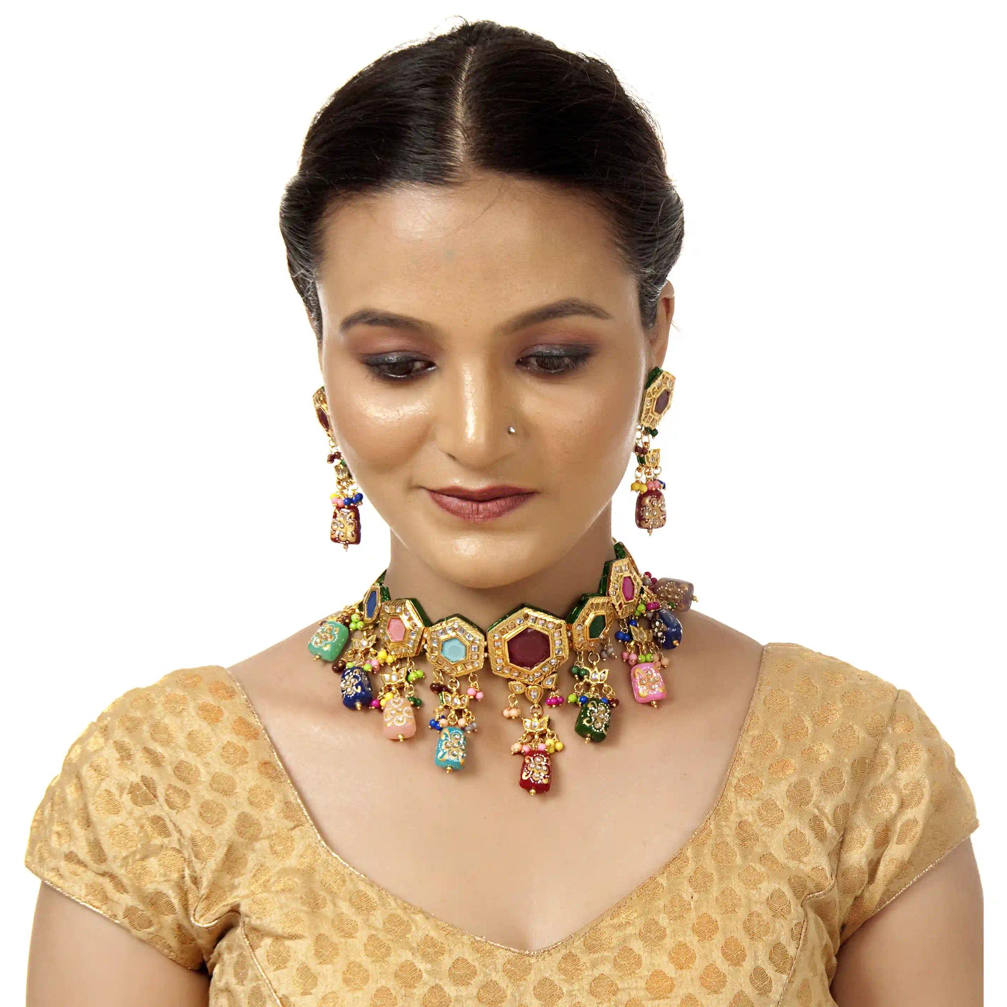 Gold Plated(18k) Hexagon Design Kundan Necklace & Earrings With Small Beads