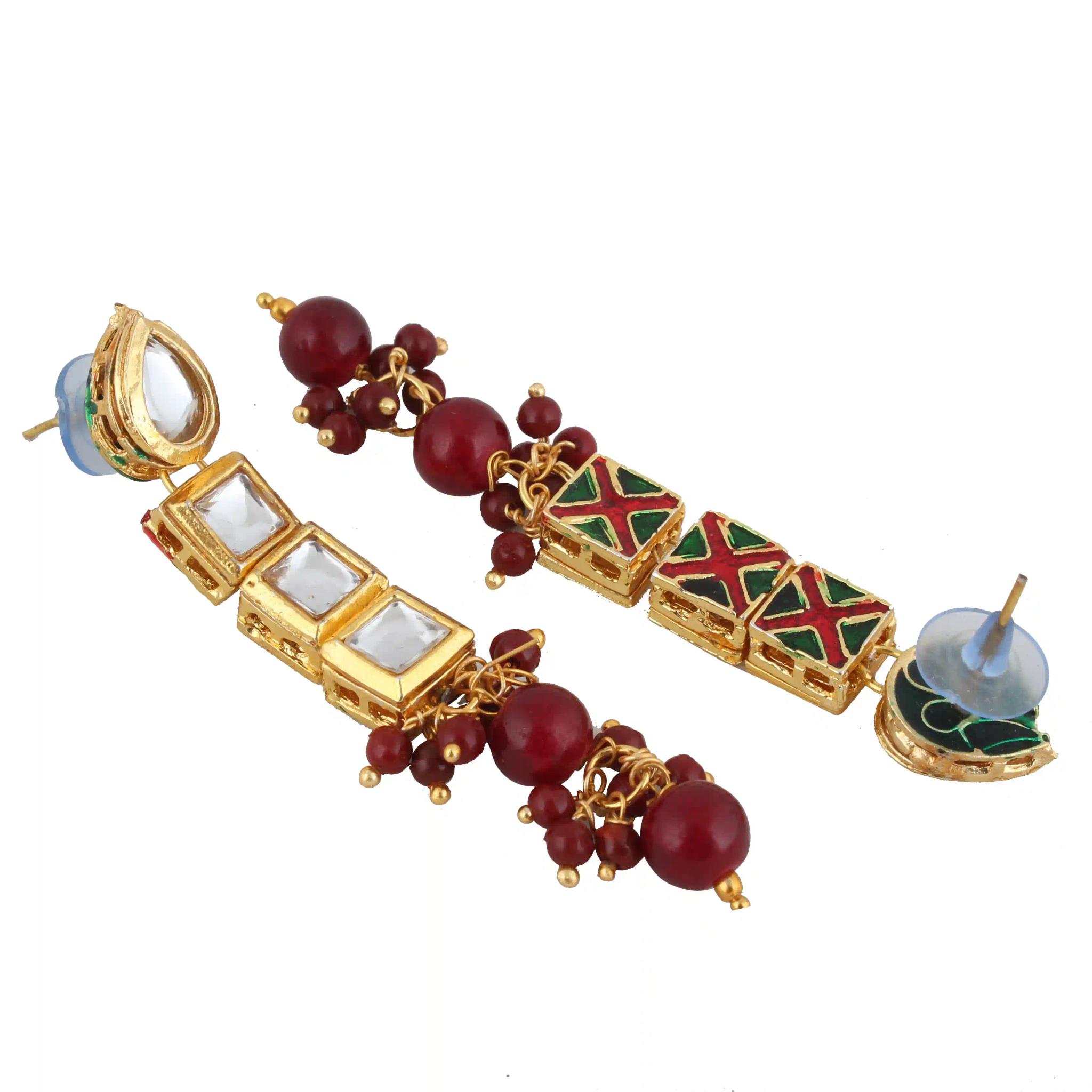Gold Plated(18k) Square Shape Stone Design Jewellery Set & Maang Tika With Beads - Maroon