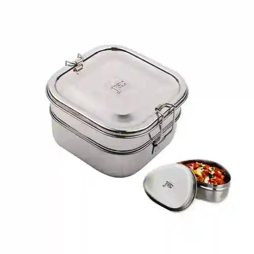 Jvl Stainless Steel Rectangular Shape Double Layer Lunch Box With Inner Plate & Small Square Shape Lunch Box With Mini Container Not Leak Proof - Pack Of 2