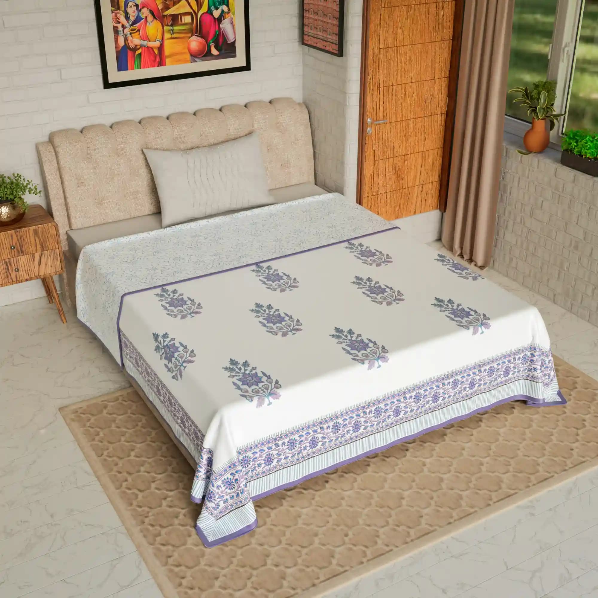 Jaipur Dohar Hand Block Printed Single Bed Cotton Dohar - Blue Purple Plant