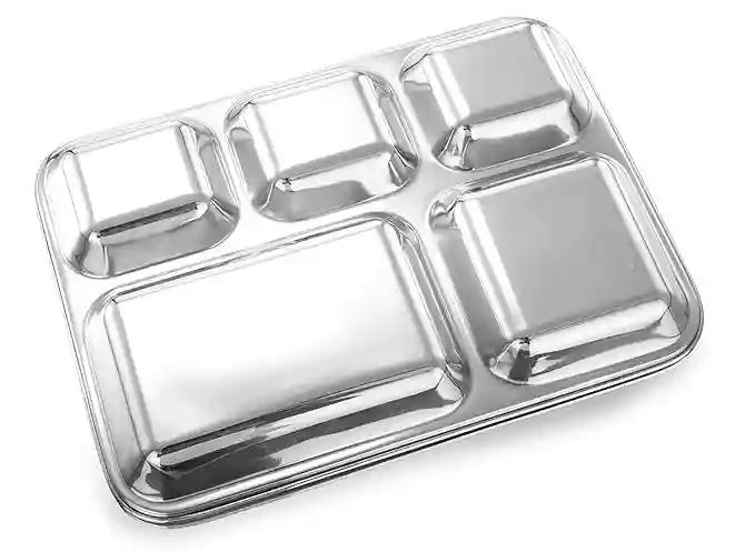LiMETRO STEEL Stainless Steel 5 in 1 Pack of 4 Rectangular Dinner Plates/Bhojan Thali/Lunch Plates (Square Wati)
