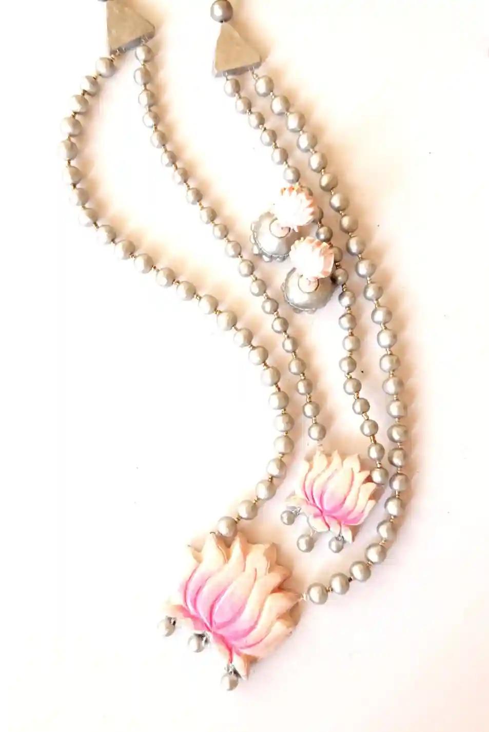 Lotus Design Terracotta Necklace with Matching Earring-Silver Pink