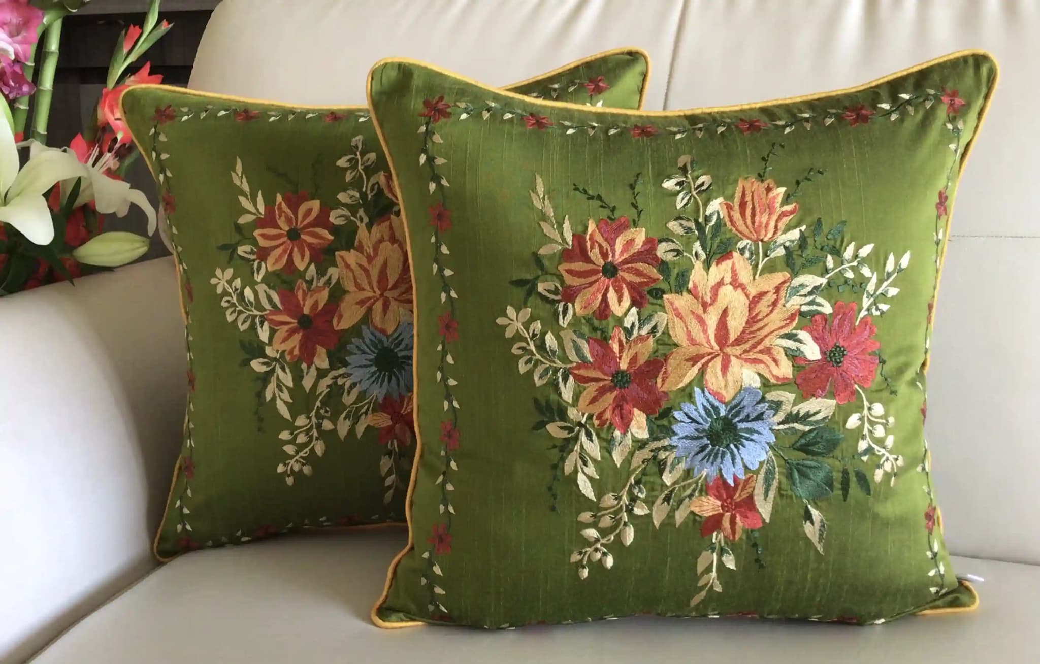 My Fairy Lady- Embroidered Cotton Silk Cushion Covers- Set of 2- Olive Green